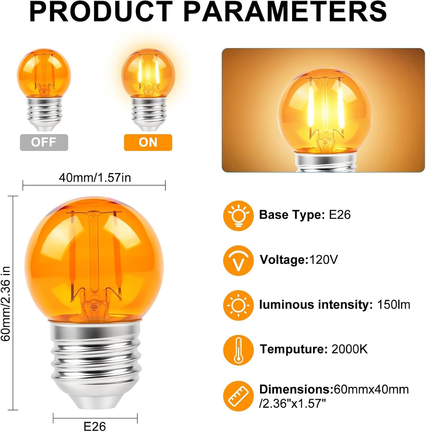 KINUR G40 Small dim Amber LED Edison 2000K 2 watt-15 watt Equivalent, E26 Base Low watt Soft Warm Light Bulbs for Healthy Sleep and Baby Nursery Light 4 Pack