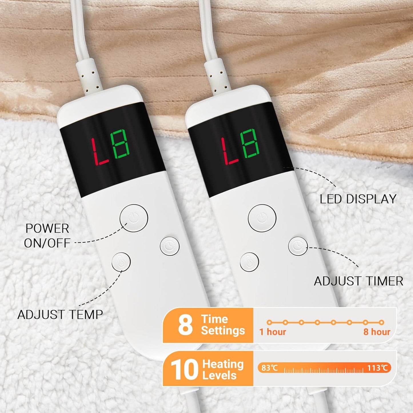 Electric Heated Blanket Full Size 72''x84'' Soft Flannel & Sherpa Electric Blanket with 10 Heating Levels, Automatically Shut Down After 8h with Overheat Protection Machine Washable