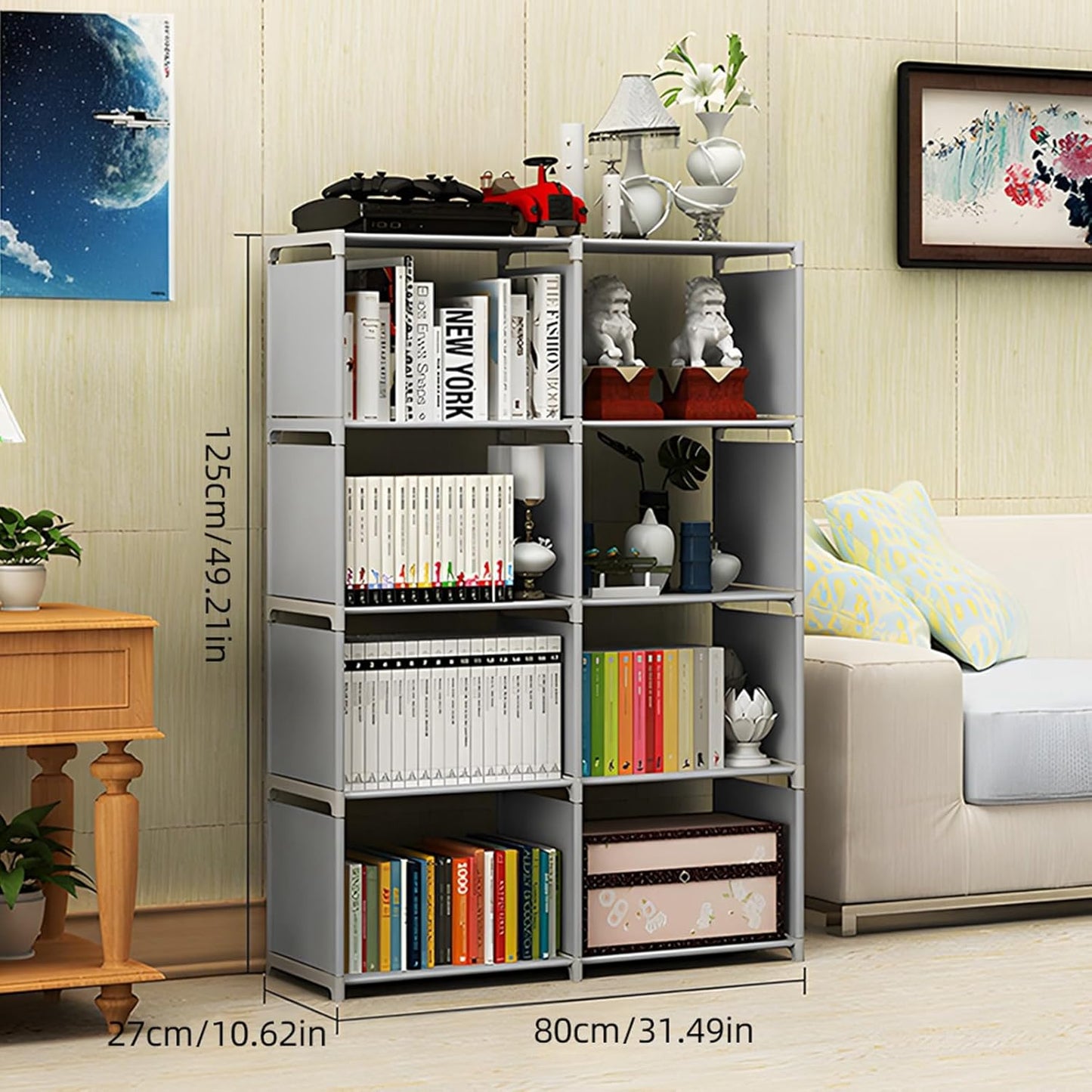 5 Tier Narrow Bookcase, 49.21x16.14x10.63in Steel Freestanding Bookcase Vertical Storage Standing Shelf for Living Room Study Room Bedroom Home Office (5 Tier Double Row)