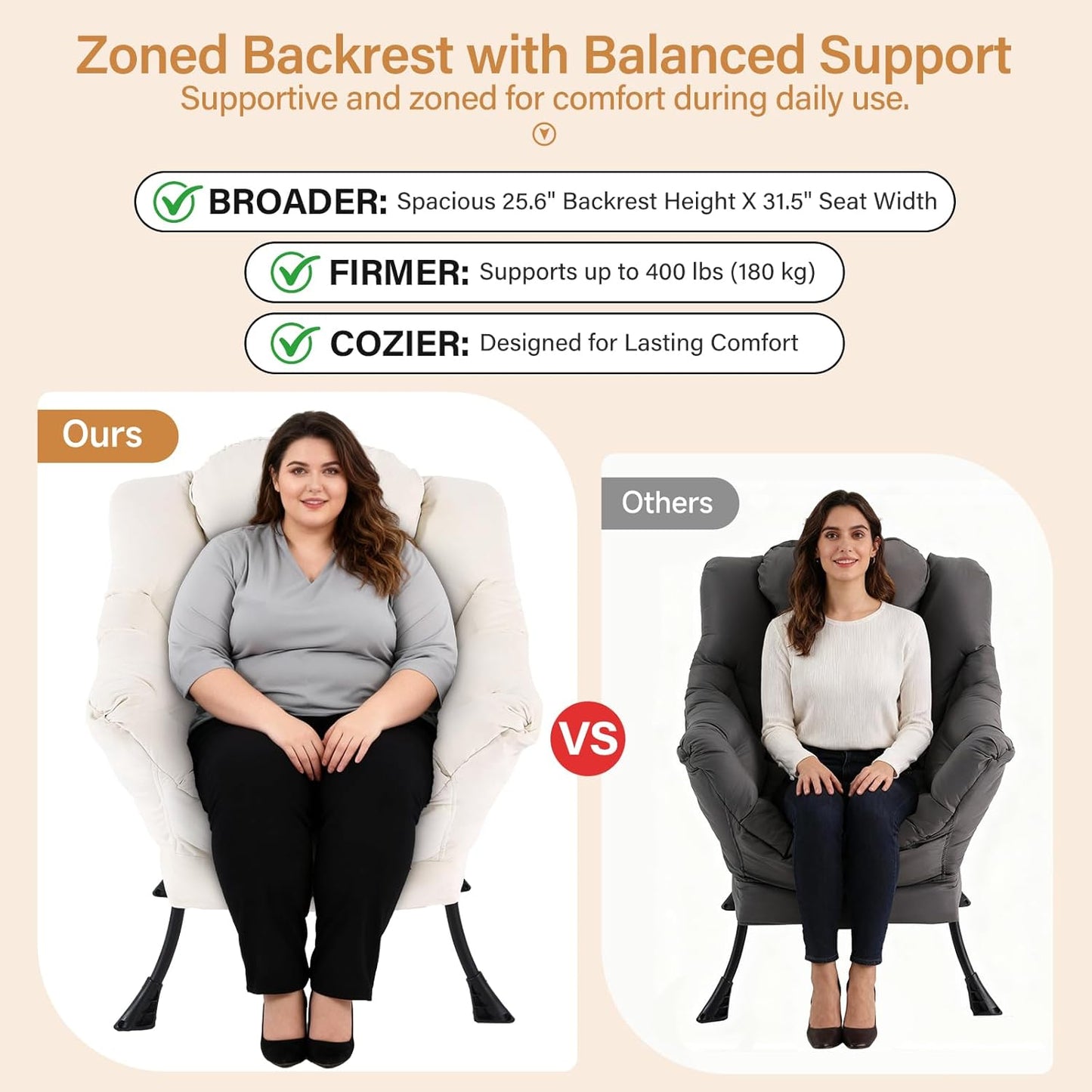 Lazy Chair with Ottoman, Modern Accent Chair with Lumbar Pillow, Velvet Beige Sofa, Armchairs with Folding Footrest, Oversized Supportive Chairs for Bedroom, Reading