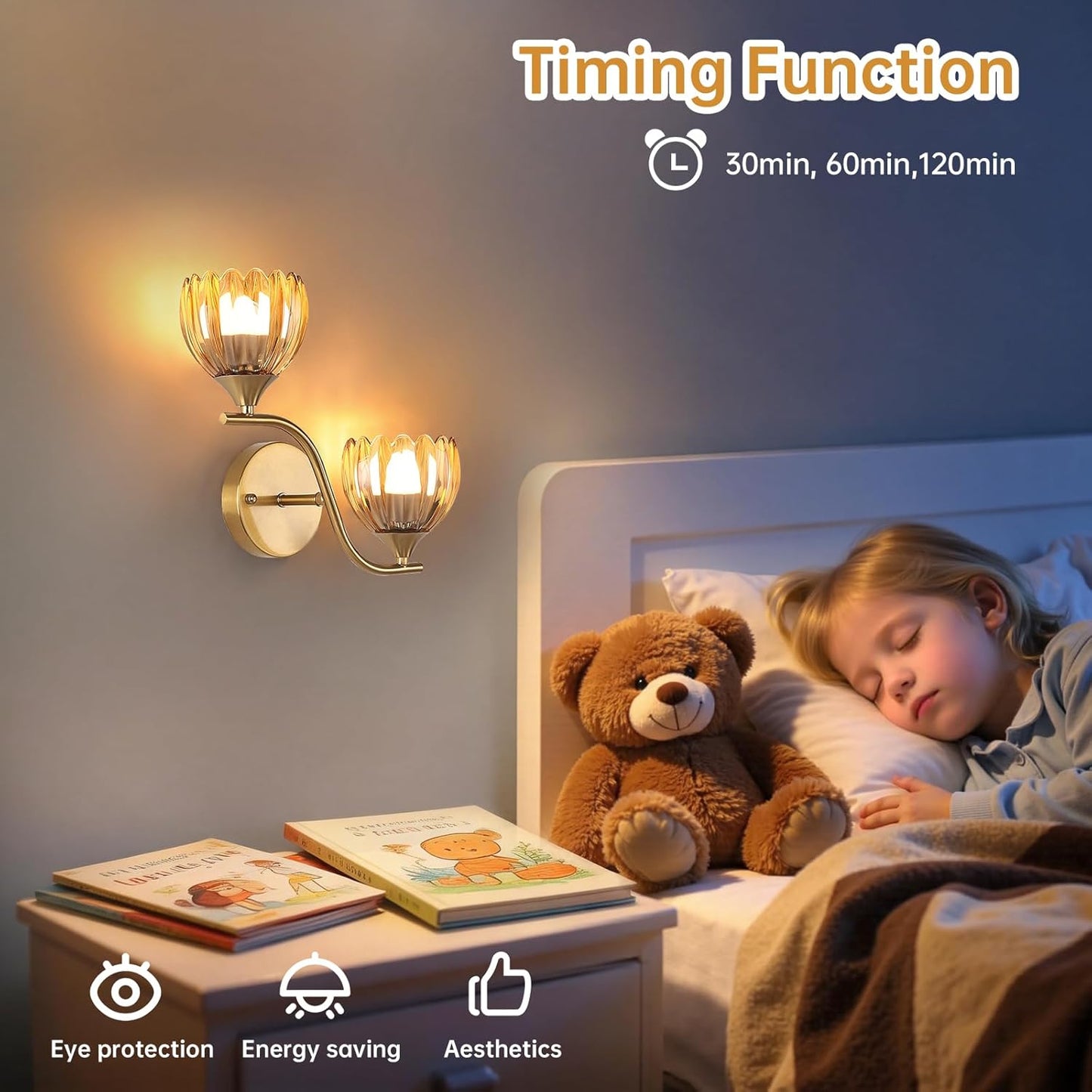 Battery Operated Wall Sconce, 2-Lights Vinatge Brass Wall Lighting with Amber Tluip Shade Rechargeable Bulb with Remote for Living Room, Bedroom