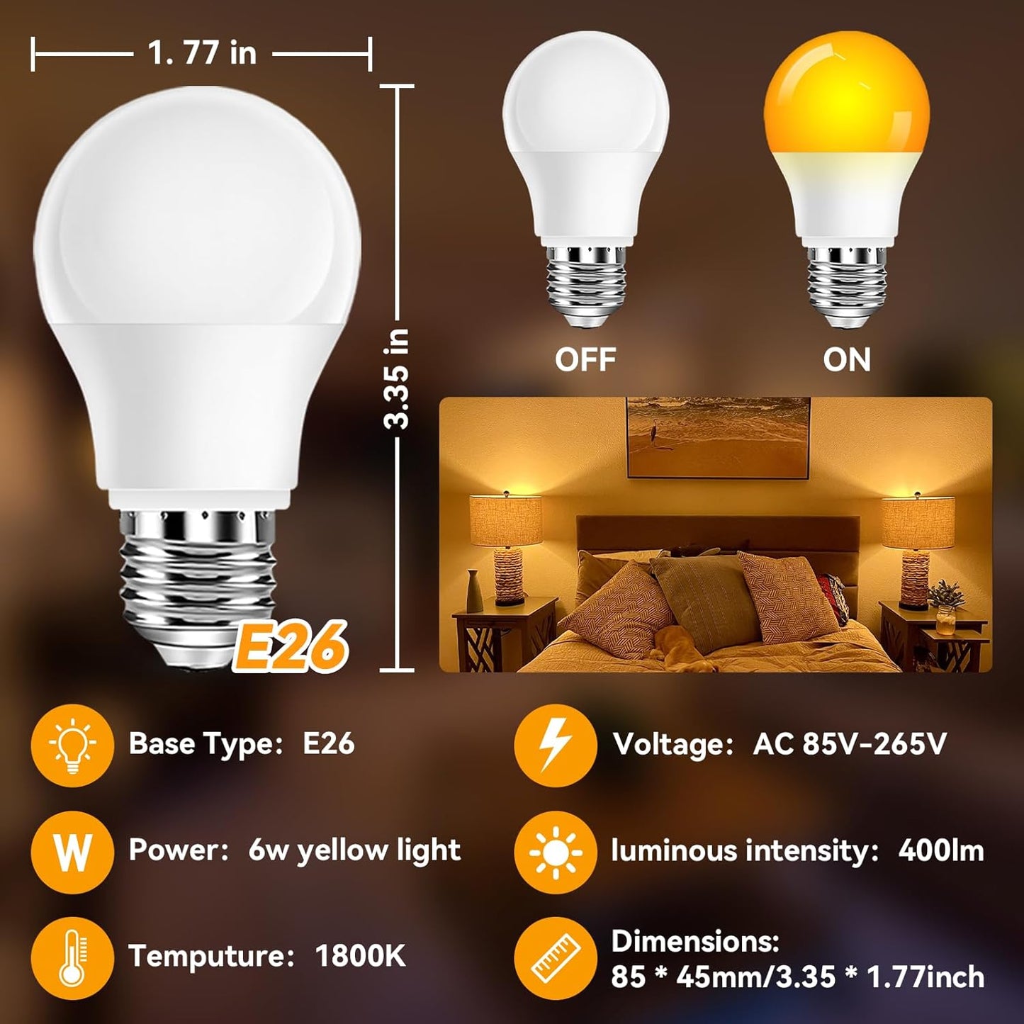 Neporal A15 Amber LED Light Bulb 1800K, True Blue Light Blocking Sleep Aid Bulb for Bedroom Nursery, 7W Replacement for 40W, Soft Warm Glow to Protect Melatonin, E26 Base (8, Amber)