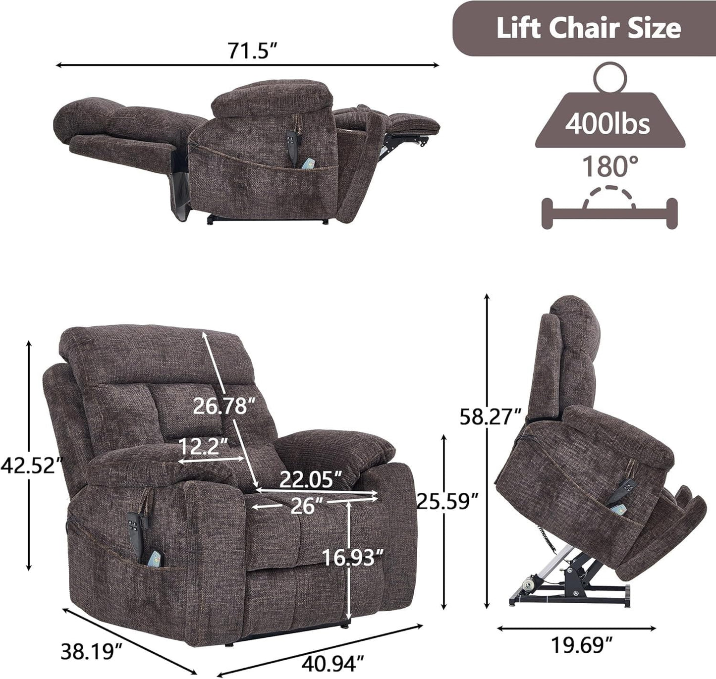 Velvet Sofa for Living Room with 2 Remote Controls and Two Cup Holders Recline Power Lift Recliner Chair with Massage and Heating Functions