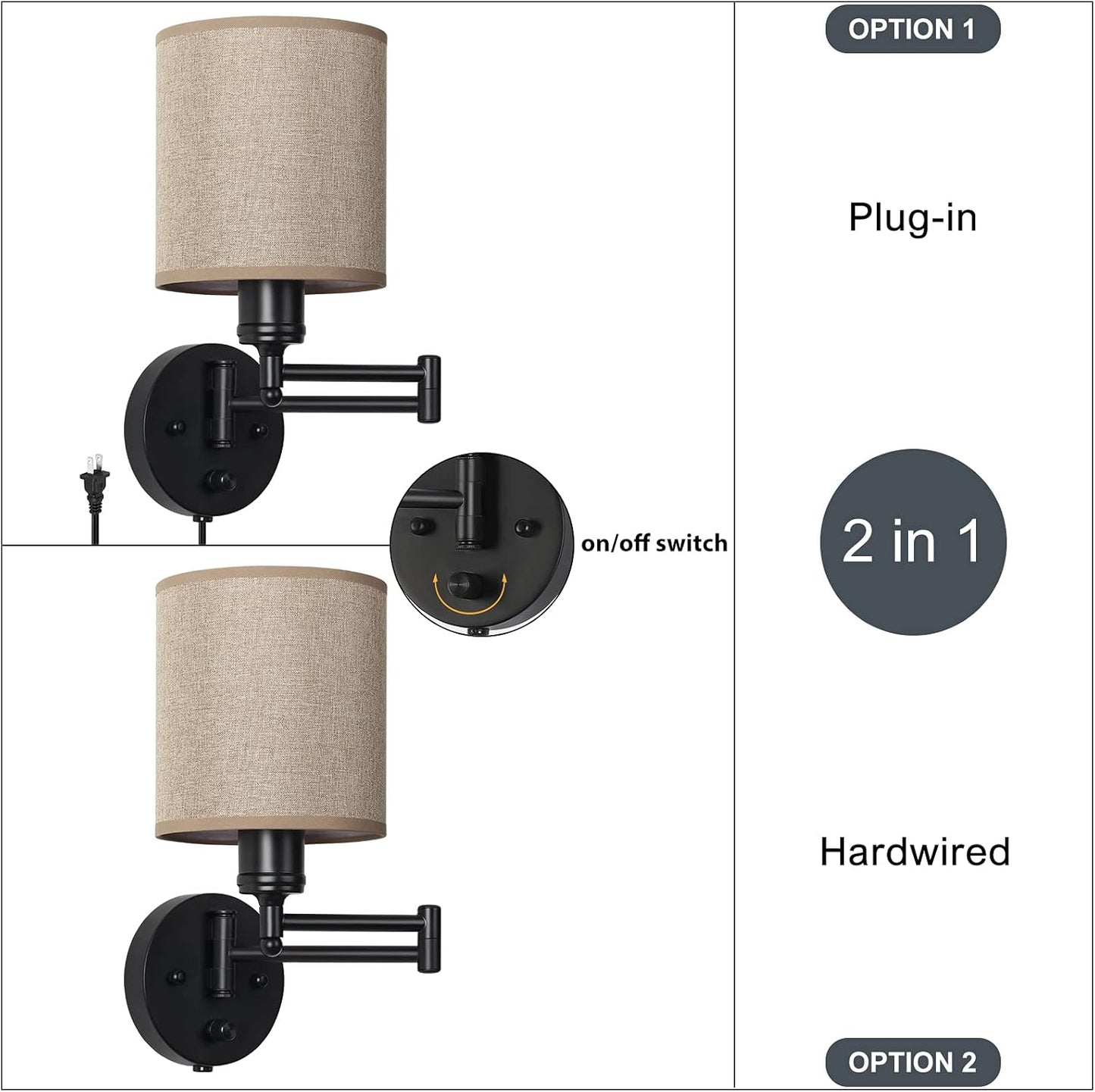 CADUKE Wall Lamps Plug in, Swing Arm Wall Sconce Set of 2 with Light Brown Lampshade, Modern Bedroom Wall Lights Fixtures, Bedside Wall Reading Lights