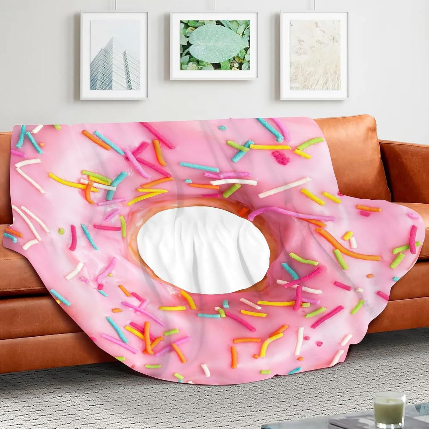 Cute Pink Donuts Funny Blanket for Girls Novelty Realistic Food Throws Soft Cozy Flannel Round for Nap, Home Decor, Party Kids Child Gifts 47 Inches