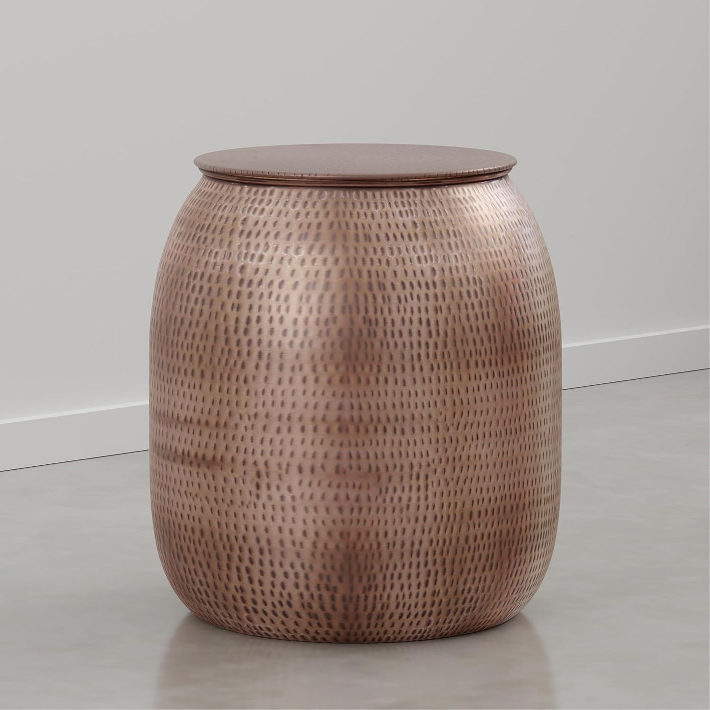 SIMPLIHOME Griffen Metal Storage Accent Table - 19 inch Wide Solid Metal Round Drum Side Table in Burnished Copper, Industrial End Table for Living Room with Hidden Storage Space, Assembled