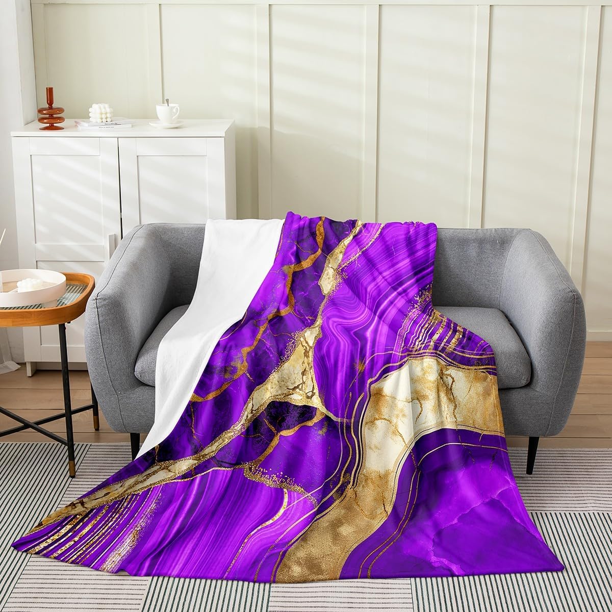 Erosebridal Purple Marble Blanket Twin 60x80 Inch, Gold Marbling Crack Throw Blanket, Dark Abstract Metallic Texture Living Room Decor Fleece Blanket, Geometric Boho Hippie Fluid Fuzzy Blanket