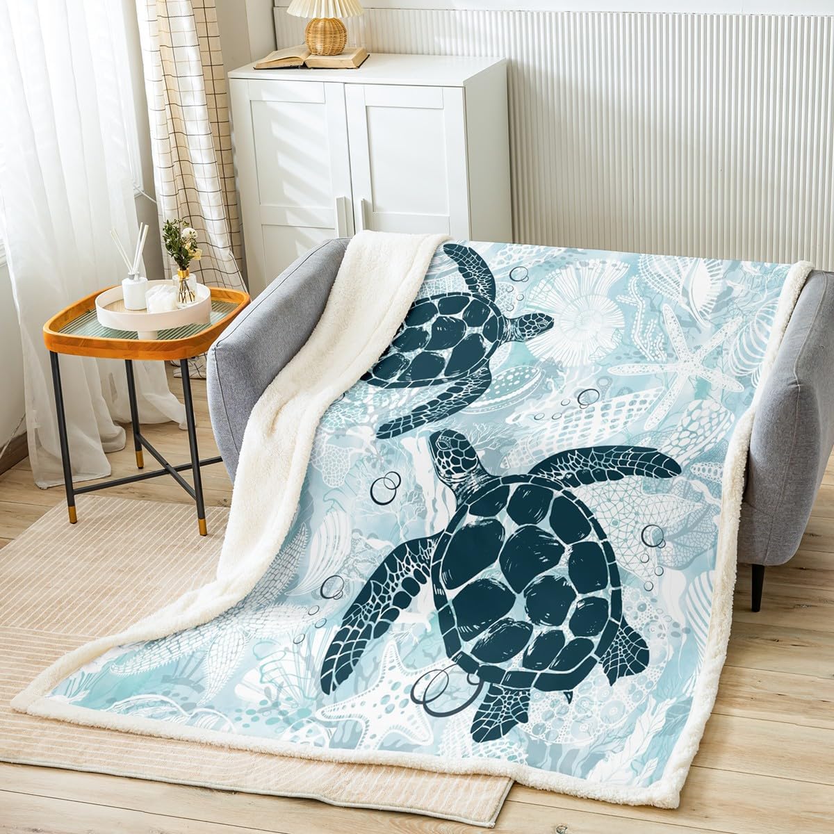 Feelyou Kids Boys Girls Sea Turtle Plush Blanket Ocean Sherpa Blanket Reptile Tortoise Fleece Throw Blanket Ocean Coastal Fuzzy Cozy Soft Blanket Baby 30"x40"