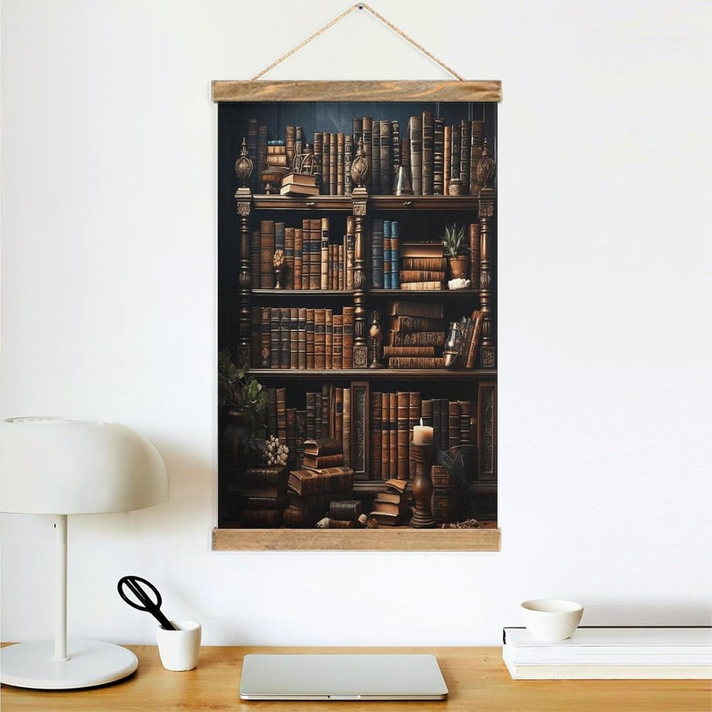 Vintage Books on The Bookshelf Poster with Wooden Frame Personalized Linen Hanging Scroll Painting Rustic Wall Hanging Illustrative Modern Artwork Decor for Home Living Room Bedroom Office