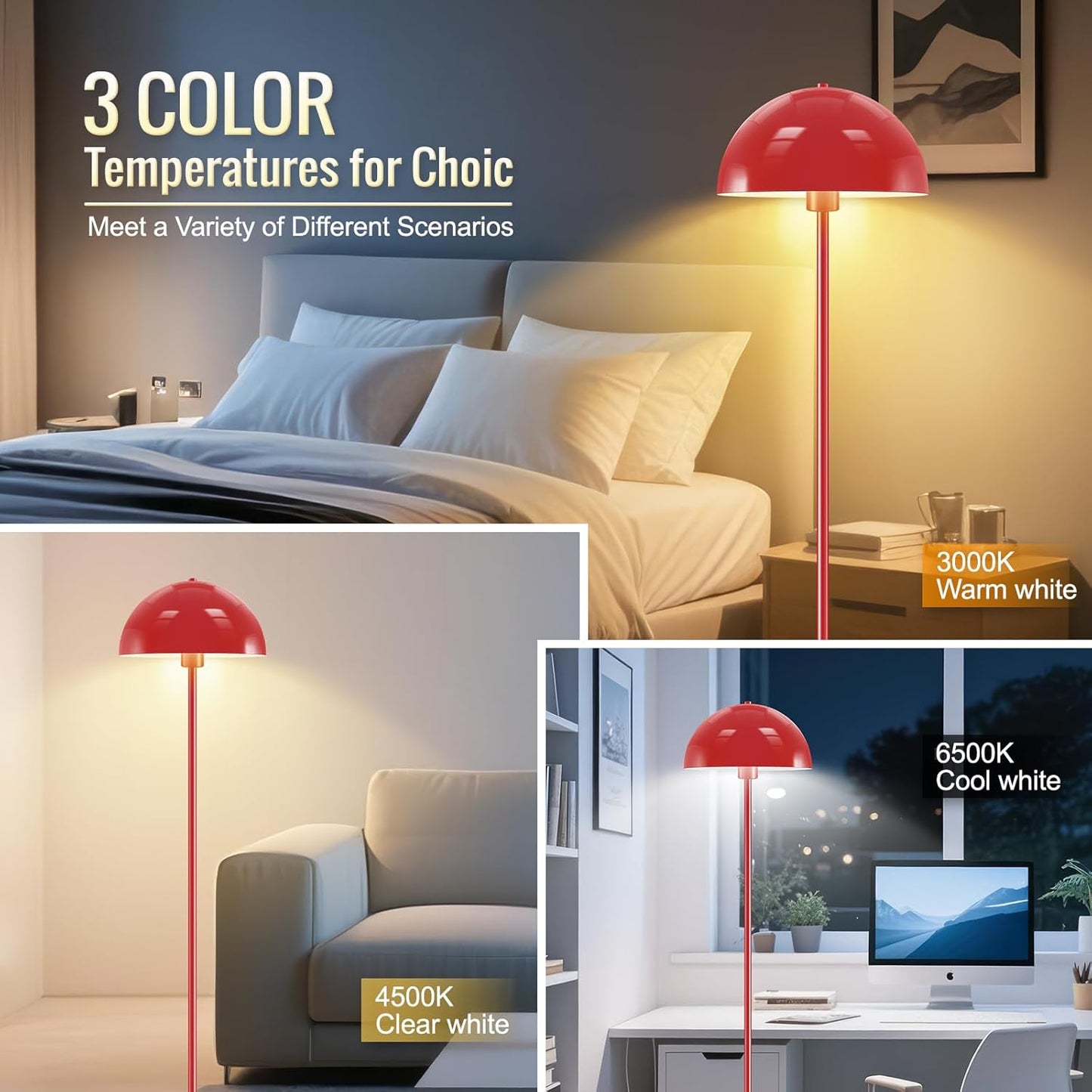 Modern Floor Lamps for Living Room, Red Metal Mushroom Lamp, 66" Tall Corner Lamp, Footswitch, Bright Industrial Standing Lamps for Bedroom Nursery, Mid Century Modern Home Decor(E26 Base, NO BULB)