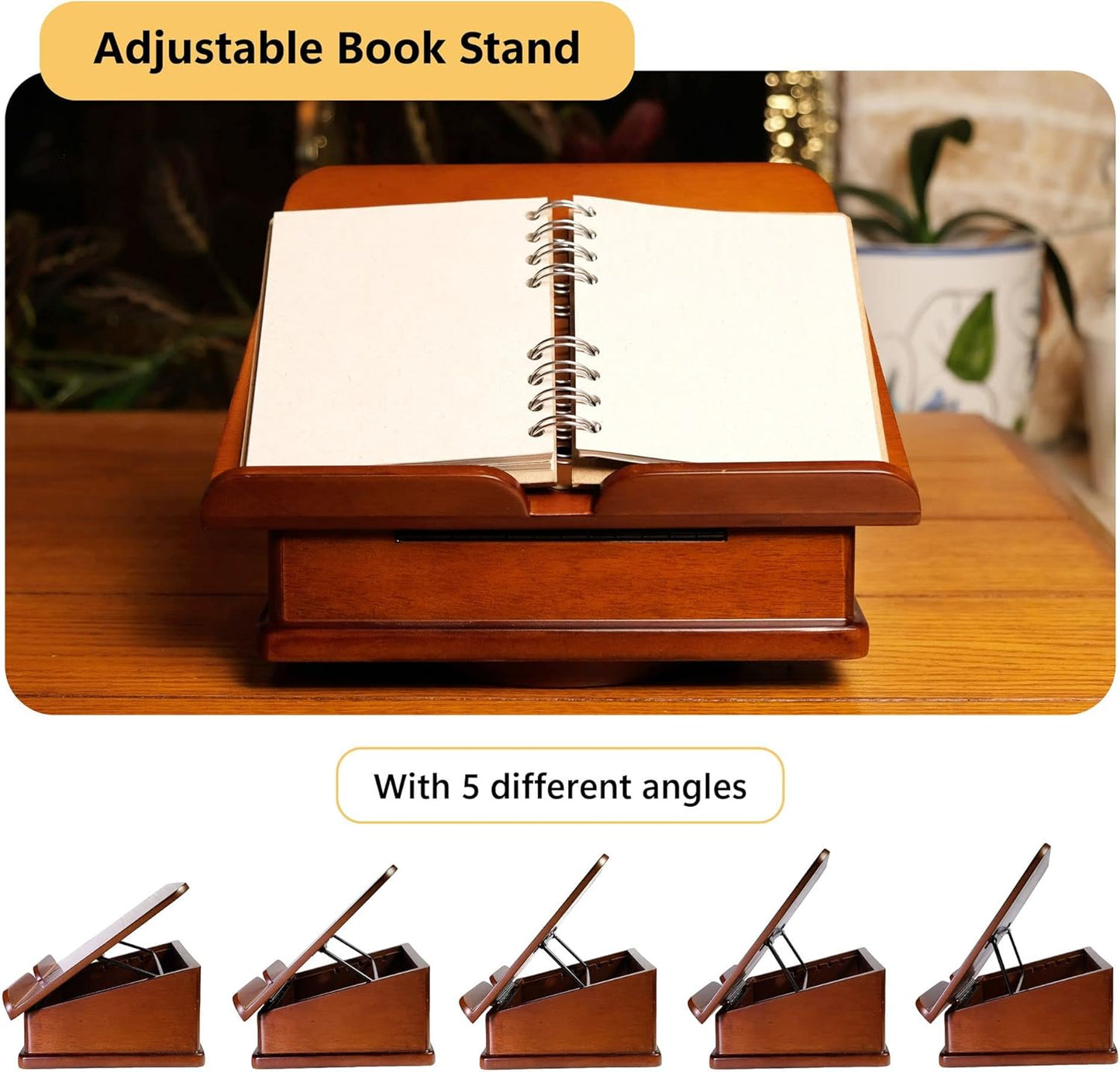 Wooden Book Stand for Cookbook Textbook and Tablet, Adjustable Angles, Spacious Storage Case, Carousel Base (Dark Cherry)