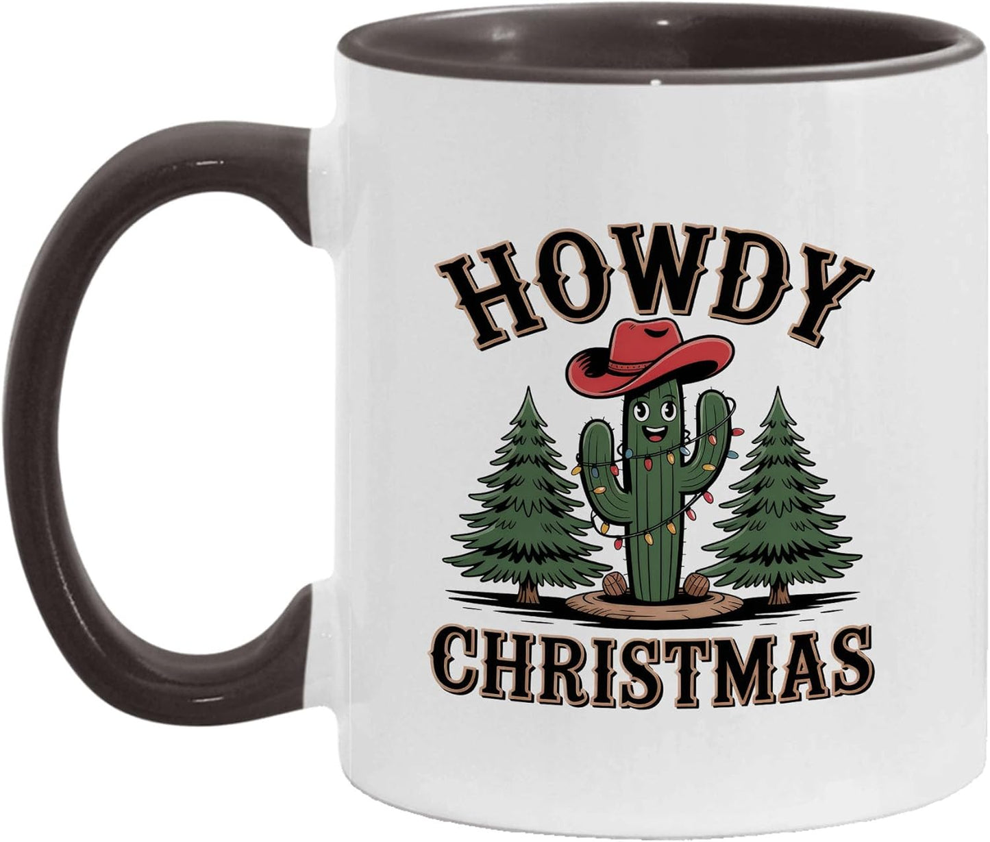 Rustic Howdy Christmas Western Cactus Two-Tone Accent Mugs, 11oz 15oz Drinking Cups, Kitchen Décor, Gifts For Book Lovers