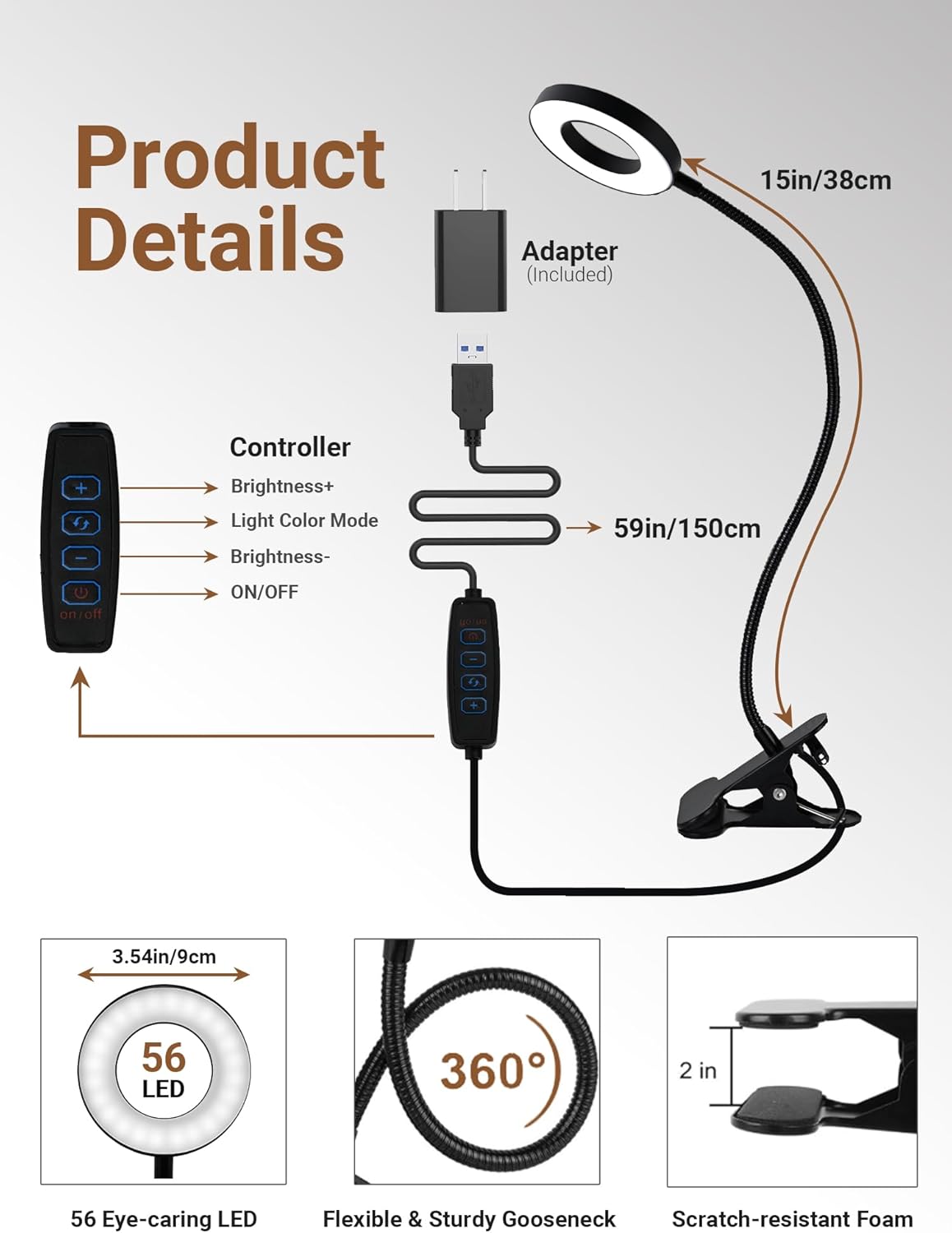 Clip on Lamp,5 Colors+10 Brightness LED Desk Lamp with Clamp,550lm Bright Clip on Light for Bed Headboard/Bedside Table,360°Adjustable Reading Light for Bed,Desk Lights for Home Office Study [Adapter]