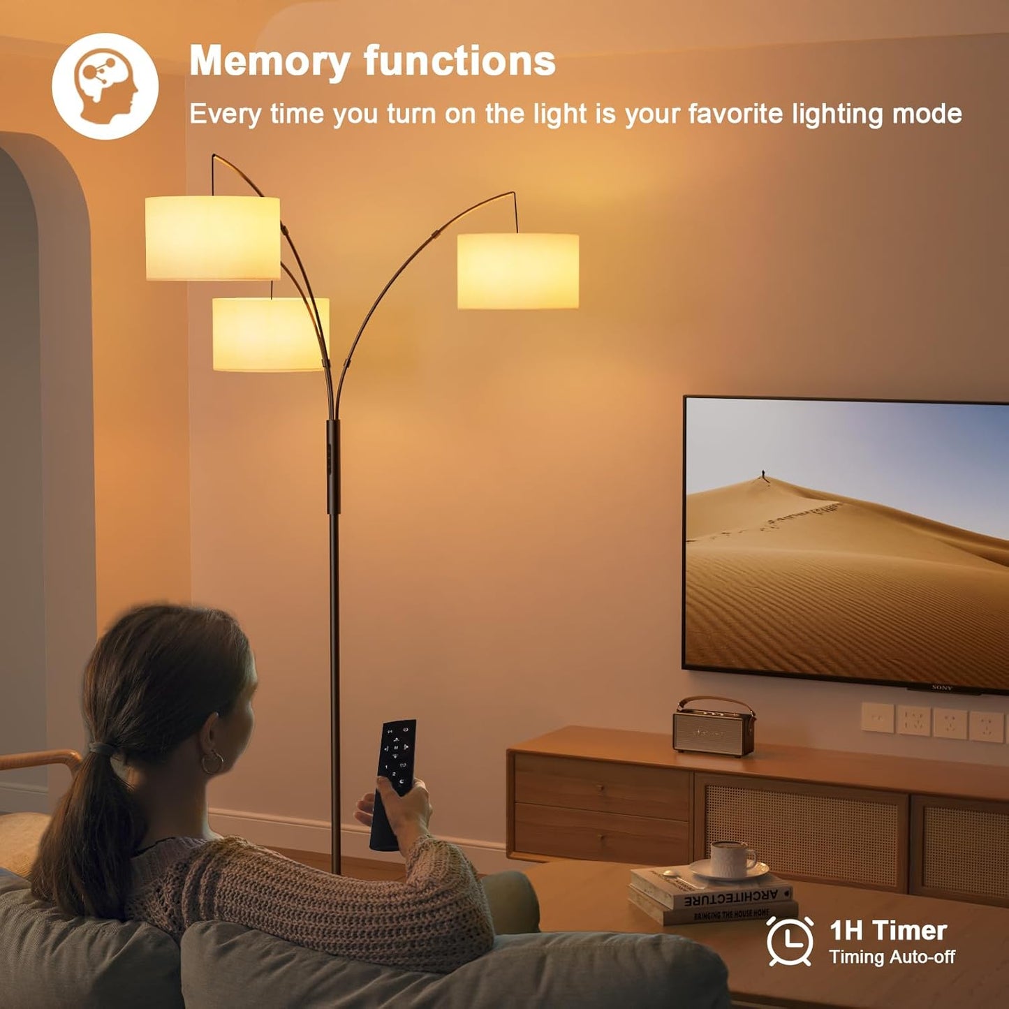 36W Dimmable Floor Lamp - 3 Lights Arc Floor Lamps Standing Lamp with Remote & Touch Control, Tall Lamp for Living Room Corner, Bedroom, Office