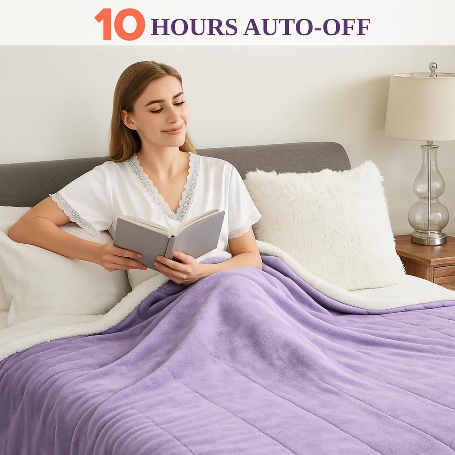 Electric Heated Blanket Sherpa Twin Size 62"x84" Purple Machine Washable 6 Heat Settings 10 Hours Auto Off Overheat Protection for Home Office Use
