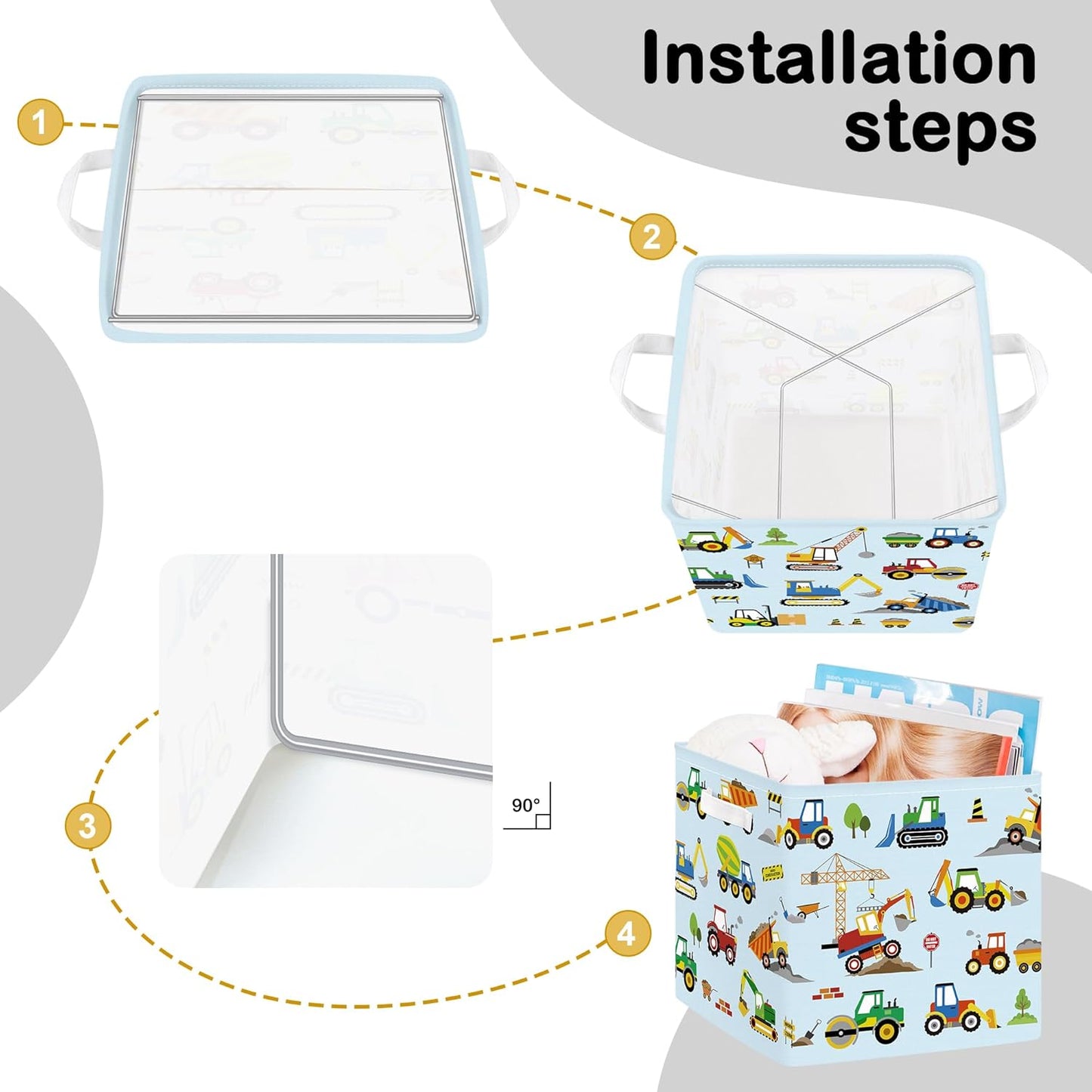 11.8" Engineering Vehicle Cube Storage Organizer Set 3Pcs Pickup Truck Cube Storage Bin for Bedroom Bulldozer Kid Book Toy Chest, Cartoon Car