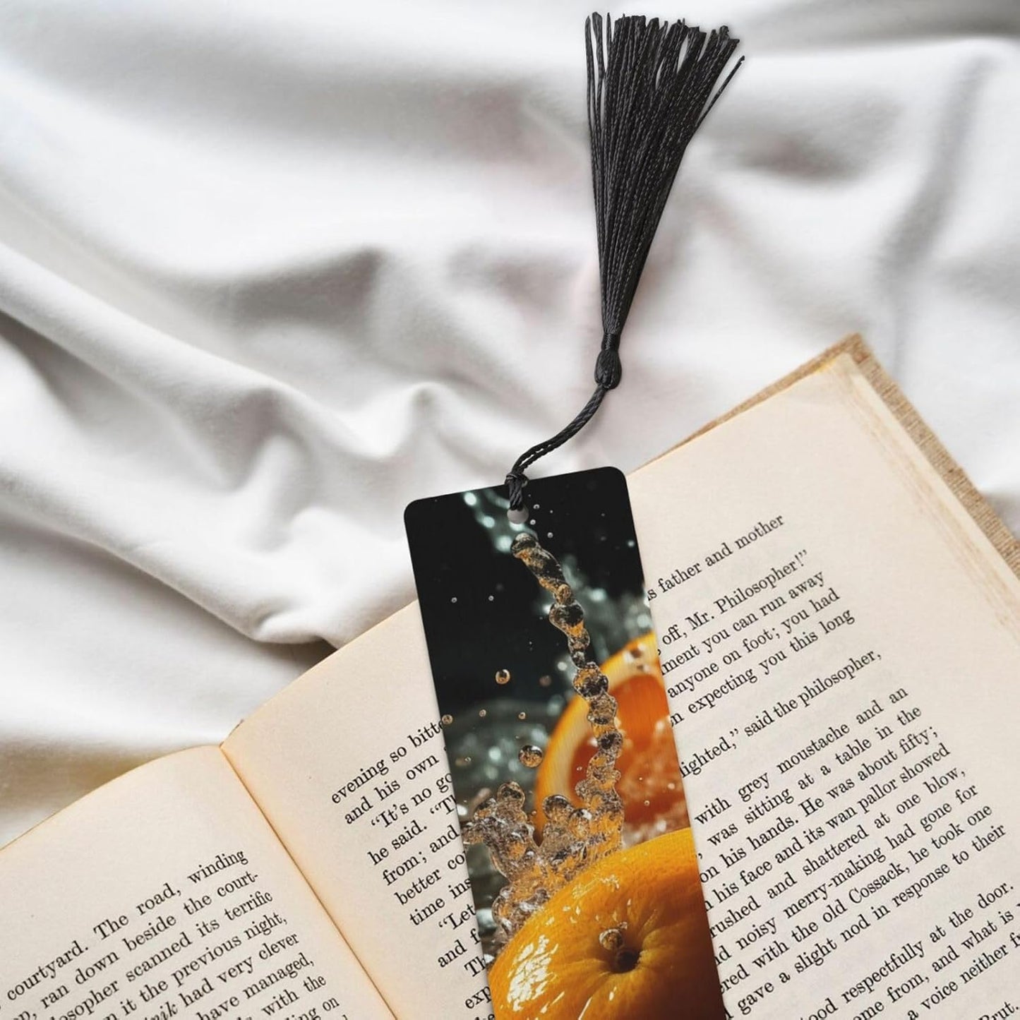 Orange Fell into Water Bookmarks Gifts for Women Men, Wooden Bookmarks for Book Lovers, Vintage Book Marks Ornaments with Tassel, Unique Personalized Reading Page Markers Black
