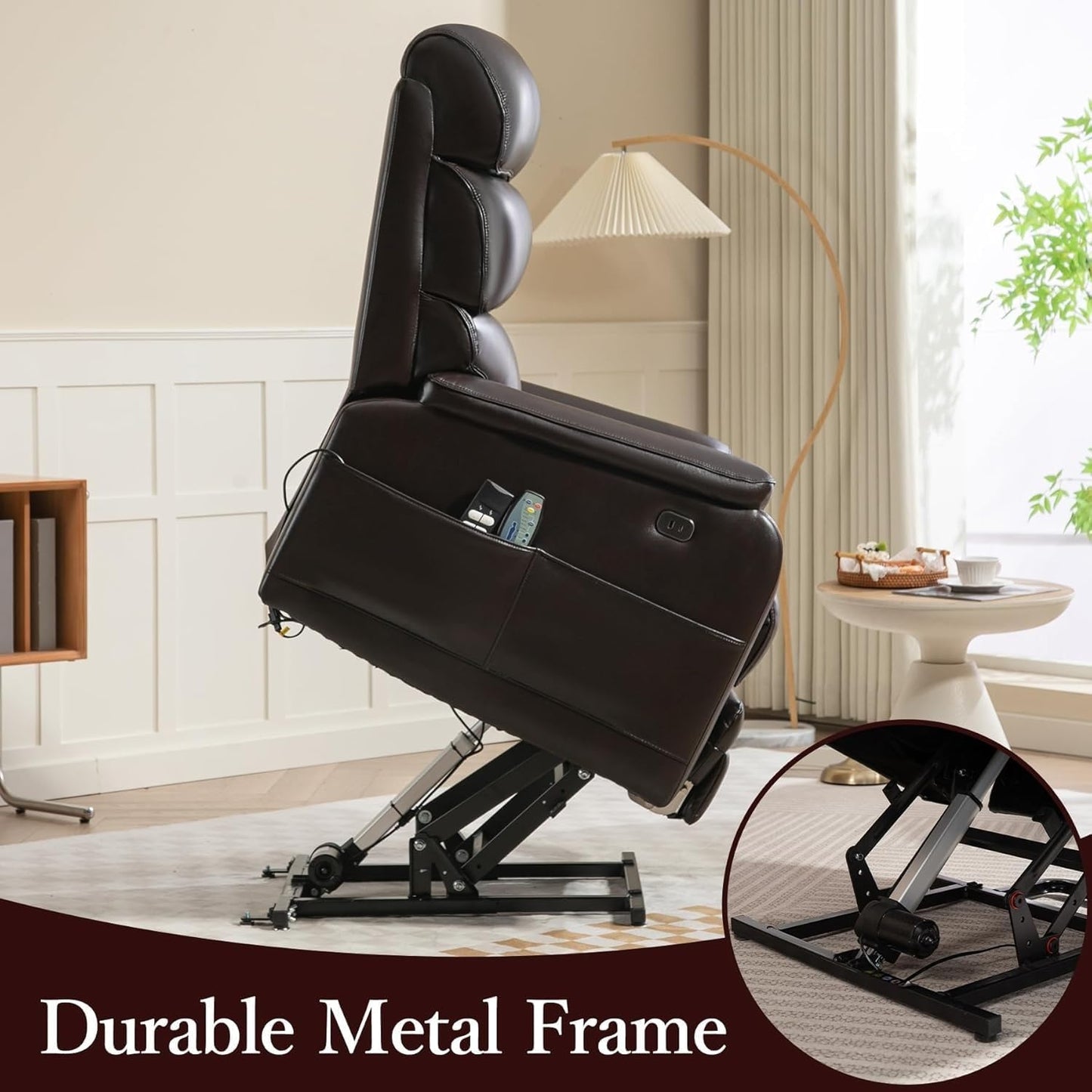 Big Tall Man Lay Flat Ergonomic Lounge Chair with Extended Footrest Single Power Lift Recliner Chairs Sofa Heat Massage for Home Theater Living Room Bedroom