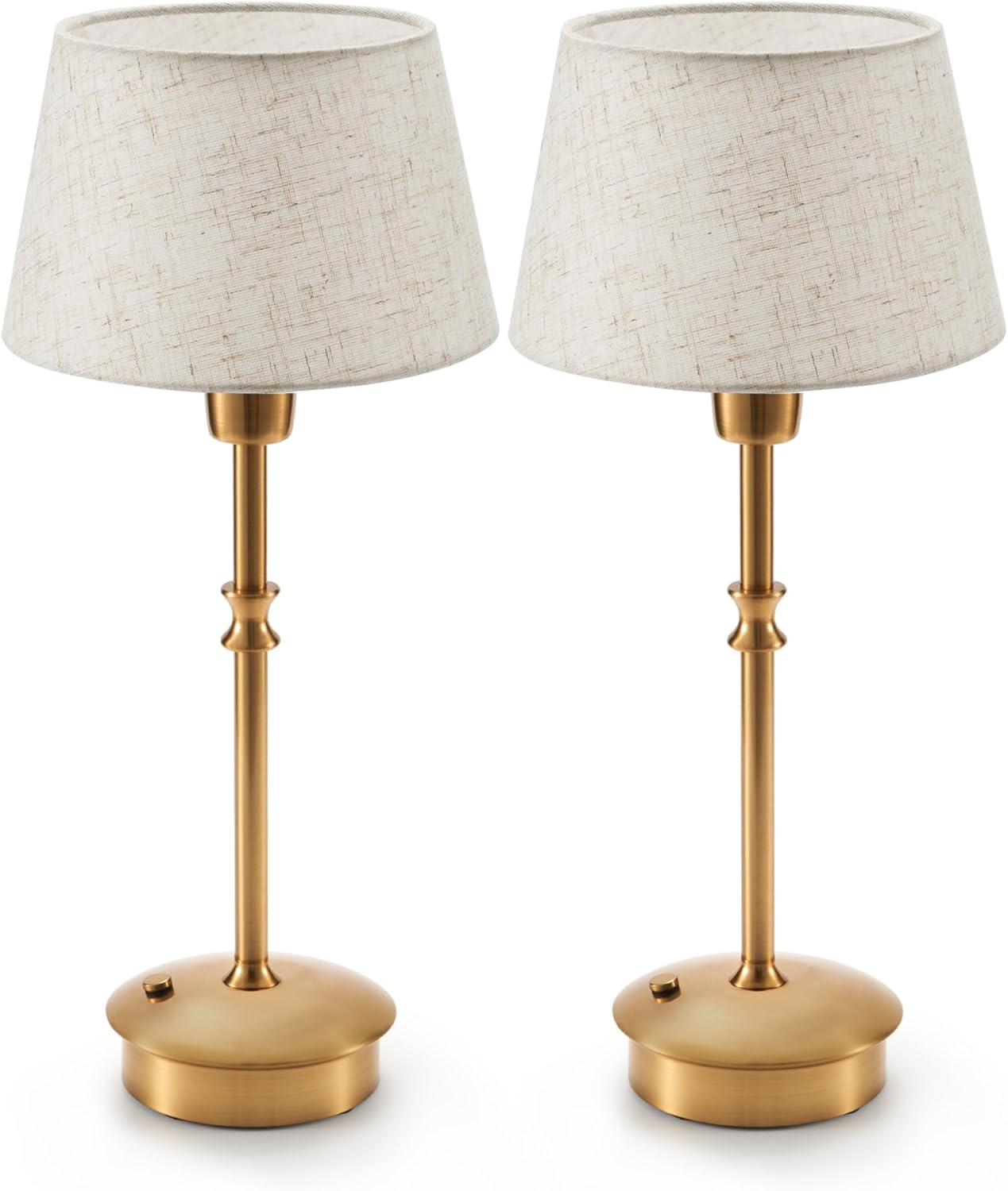 UMEXUS Small Cordless Lamp Rechargeable Table Lamps Set of 2, Dimmable Battery Operated Lights, Portable Accent Light for Side Table Restaurant Dining Outdoor, Beige Fabric Shade, Antique Brass