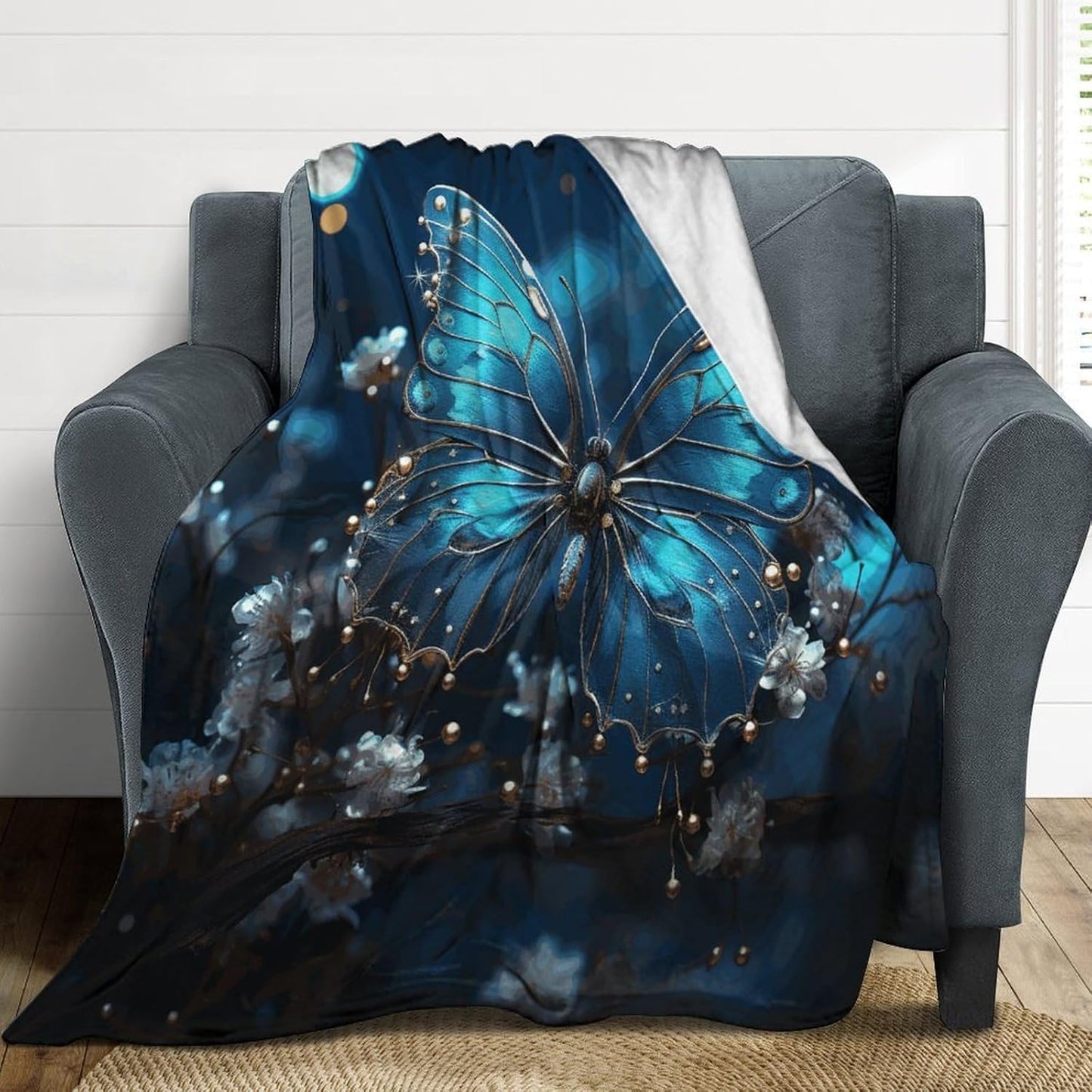 Blue Butterfly and Moon Throw Blanket for Couch Super Soft Warm Lightweight Throw Blankets Cozy Flannel Bed Blanket Cute Decorative Blankets for All Seasons Home Decor Gift 30"*40"（76 * 100cm）