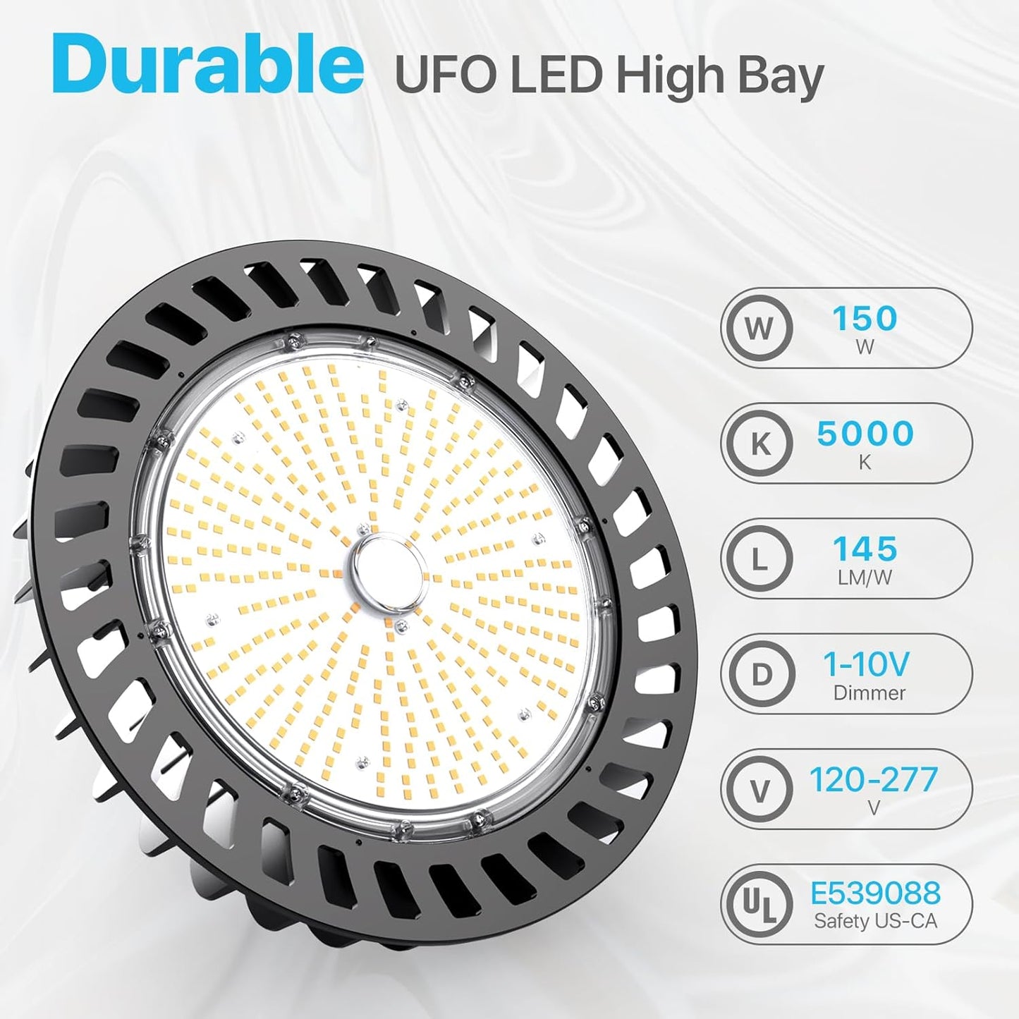 HYPERLITE UFO Led High Bay Light 150W 21,750lm 5000K 1-10V Dimmable High Bay Led Lights UL Listed US Hook 5' Cable Led High Bay Lights Alternative to 650W MH/HPS for Gym Factory Warehouse