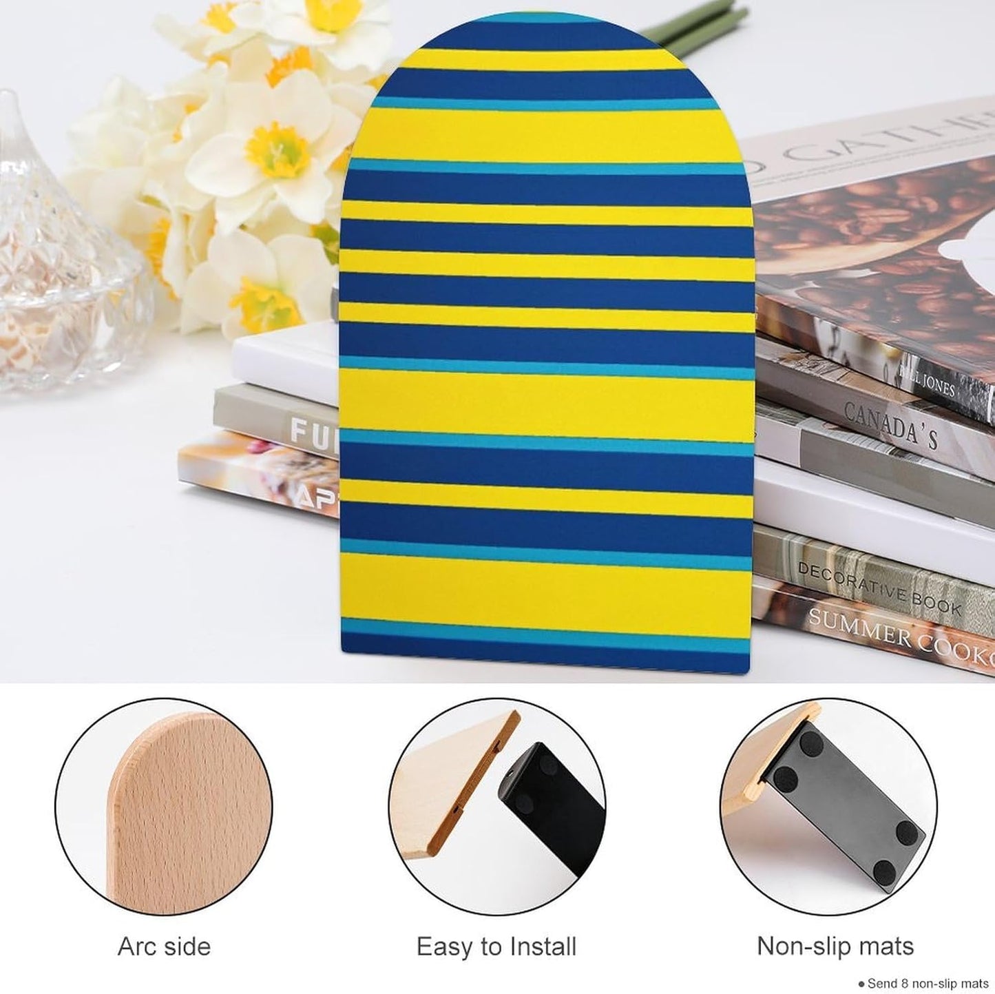 Yellow and Blue Stripes Bookend for Shelves Wooden Book End Large Size Sturdy Book Holders Stoppers with Metal Base for Bookshelves Slick Decorative Bookends Stands