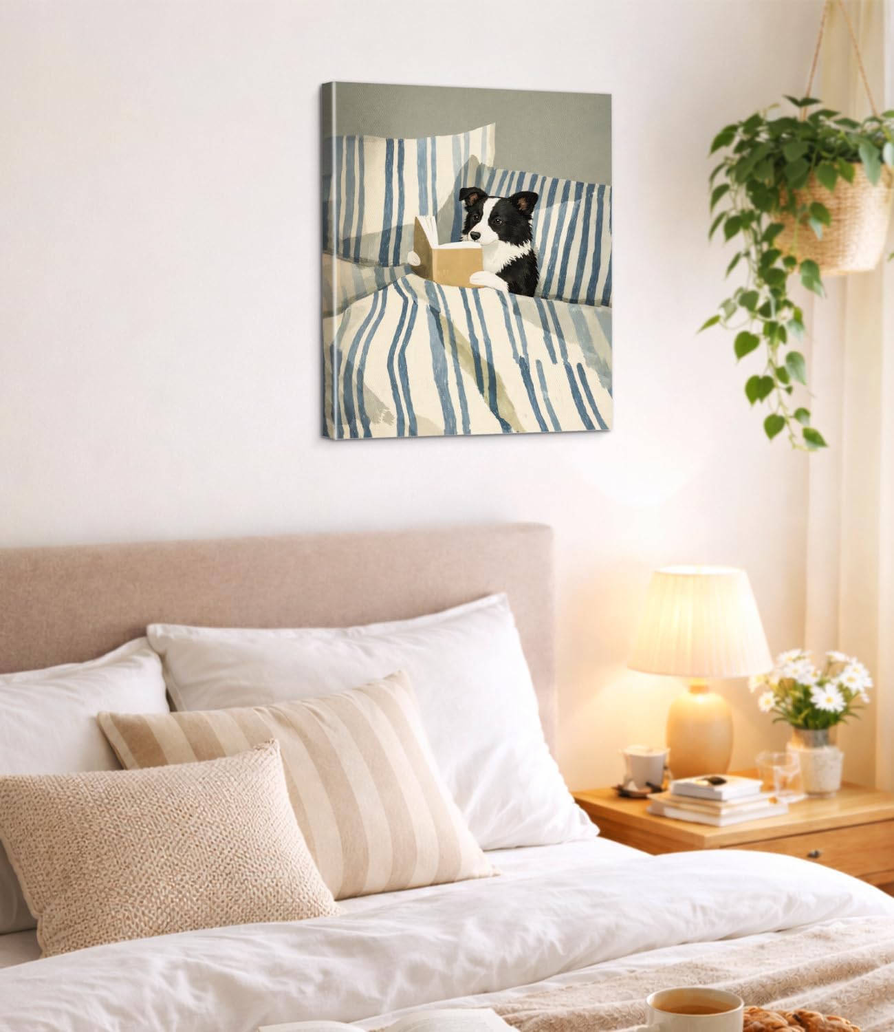 Vintage Dog Reading Wall Art Print - Bookish Border Collie Canvas Poster Painting - Dog Lover Gifts Wall Decor for Home Bedroom 8x10 Inch Framed