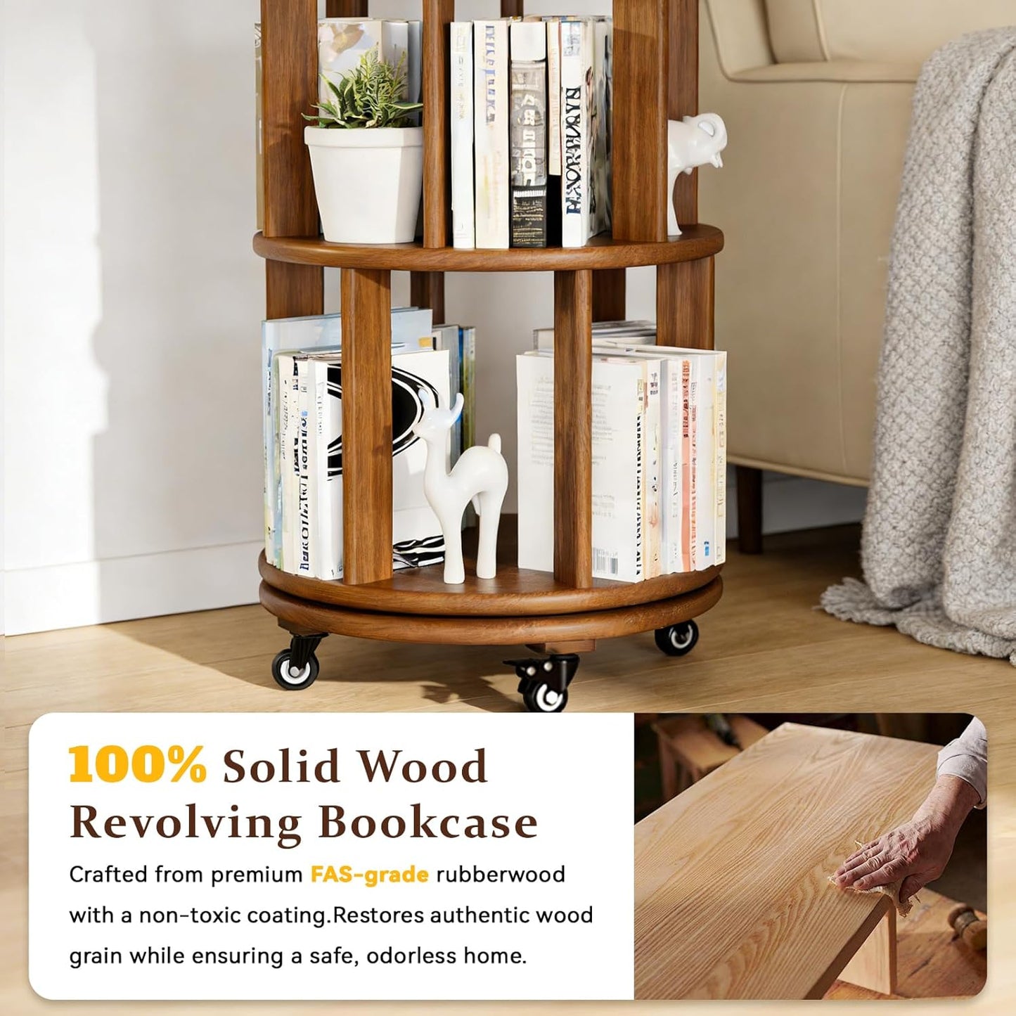 Rotating Bookshelf Towers Solid Wood Revolving Bookcase 6 Tier Tall Spinning Book Rack on Wheels Vertical Corner Book Organizer for Small Apartments, Bedrooms, Living Rooms, Reading Nooks, Hallways