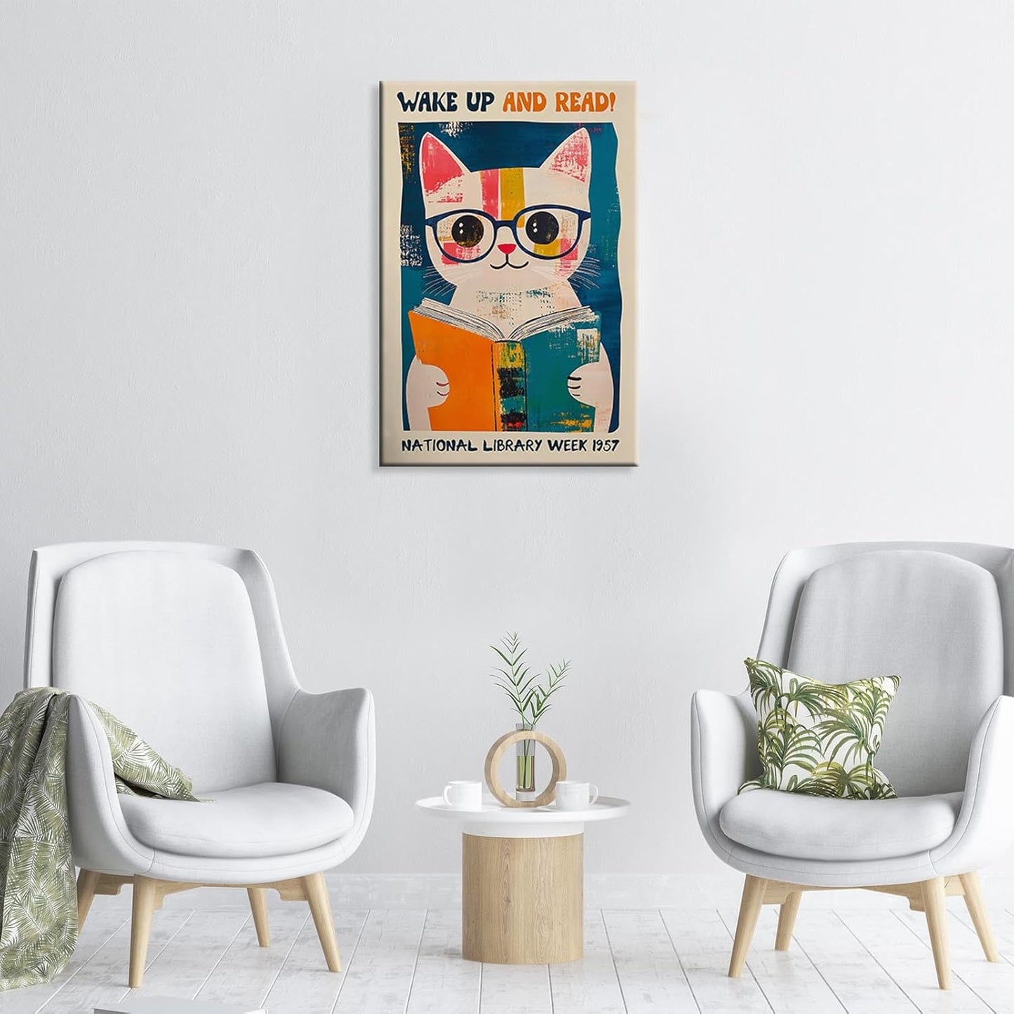 Cute Cat With Glasses Reading Canvas Wall Art 1957 National Library Week Posters Vintage Funny Animal Aesthetic Prints Painting For Home Bedroom Dorm Apartment Wall Decor 12x16in Unframed