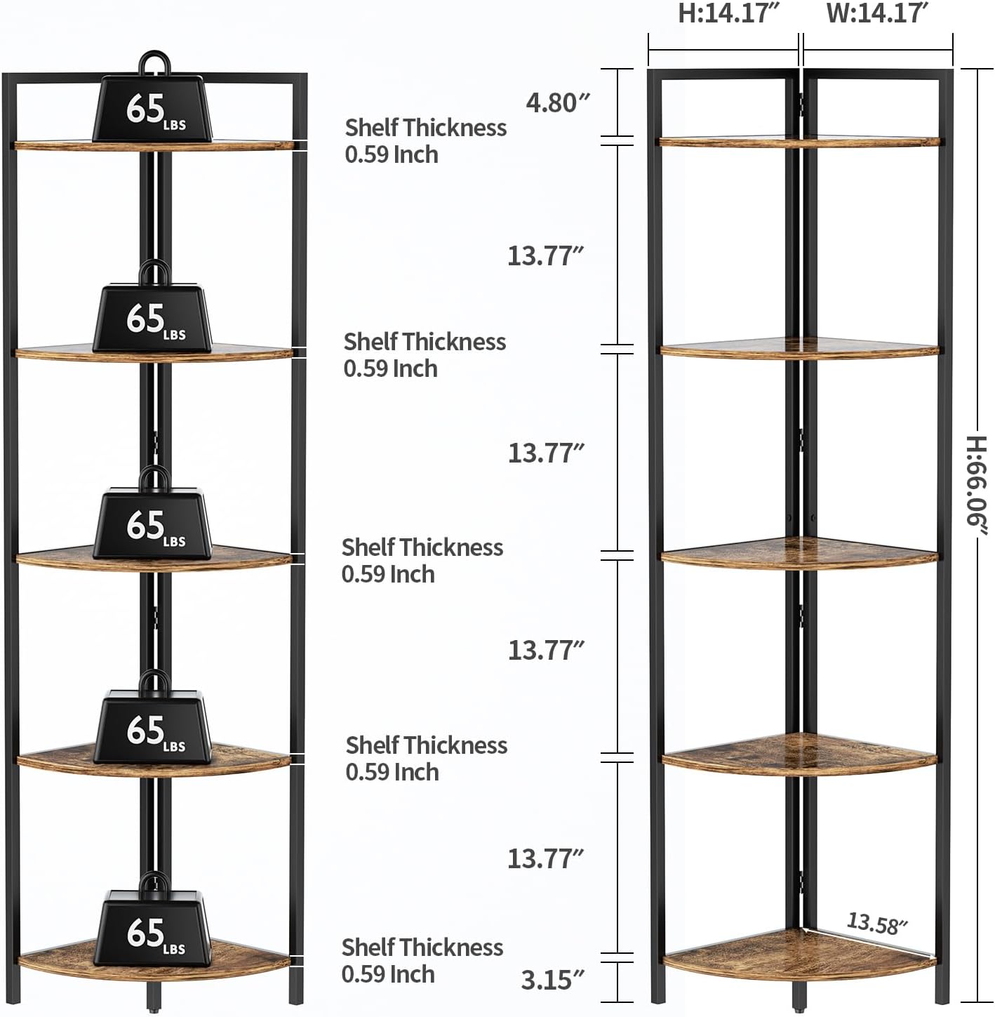 Heavy-Duty Corner Shelf, Retro Style with LED Light, 5-Tier Modern Corner Bookshelf, Wood and Metal Tall Corner Shelf, for Living Room, Office, Bedroom, Kitchen (Retro Brown)