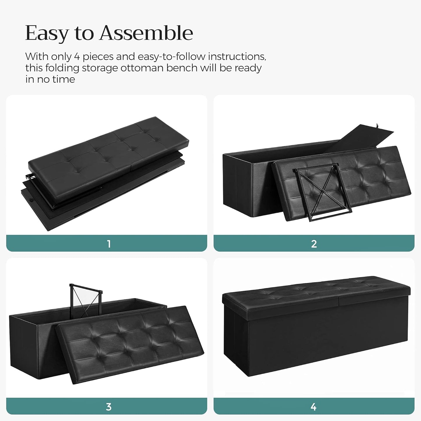 SONGMICS MAZIE Collection - 43 Inches Storage Ottoman Bench with Flipping Lid, Storage Chest with Iron Frame Support, Load 660 lb, for Living Room, Bedroom, Synthetic Leather, Black ULSF75BK