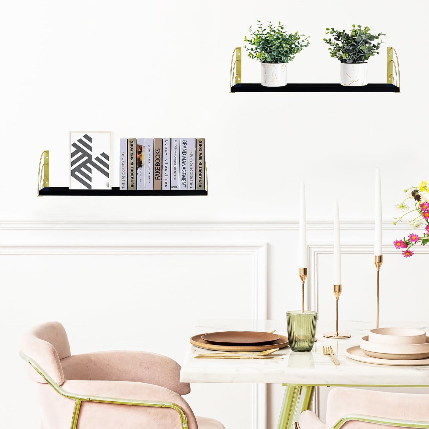16 inch Black and Gold Floating Shelves - Curved Fan-Shaped Design with Built-in Anti-Slip Book Stops|0.71" Thicker Heavy Duty Wall Mounted Bookshelf|Book Shelf for Wall,Plants & Home Décor Set of 2