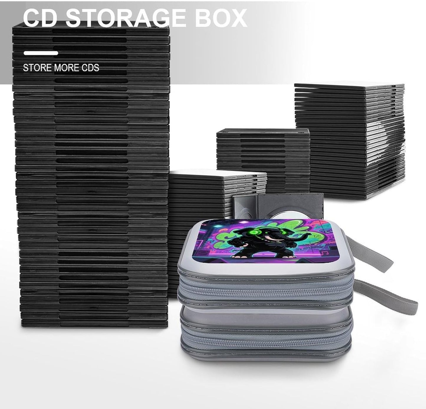 Elephant with Headphones CD Case Portable Zipper CD Case 40 Capacity Hard Plastic DVD Cases Holder Large Storage Disc Wallet Bag for Car Home Travel DVD Collection Bag