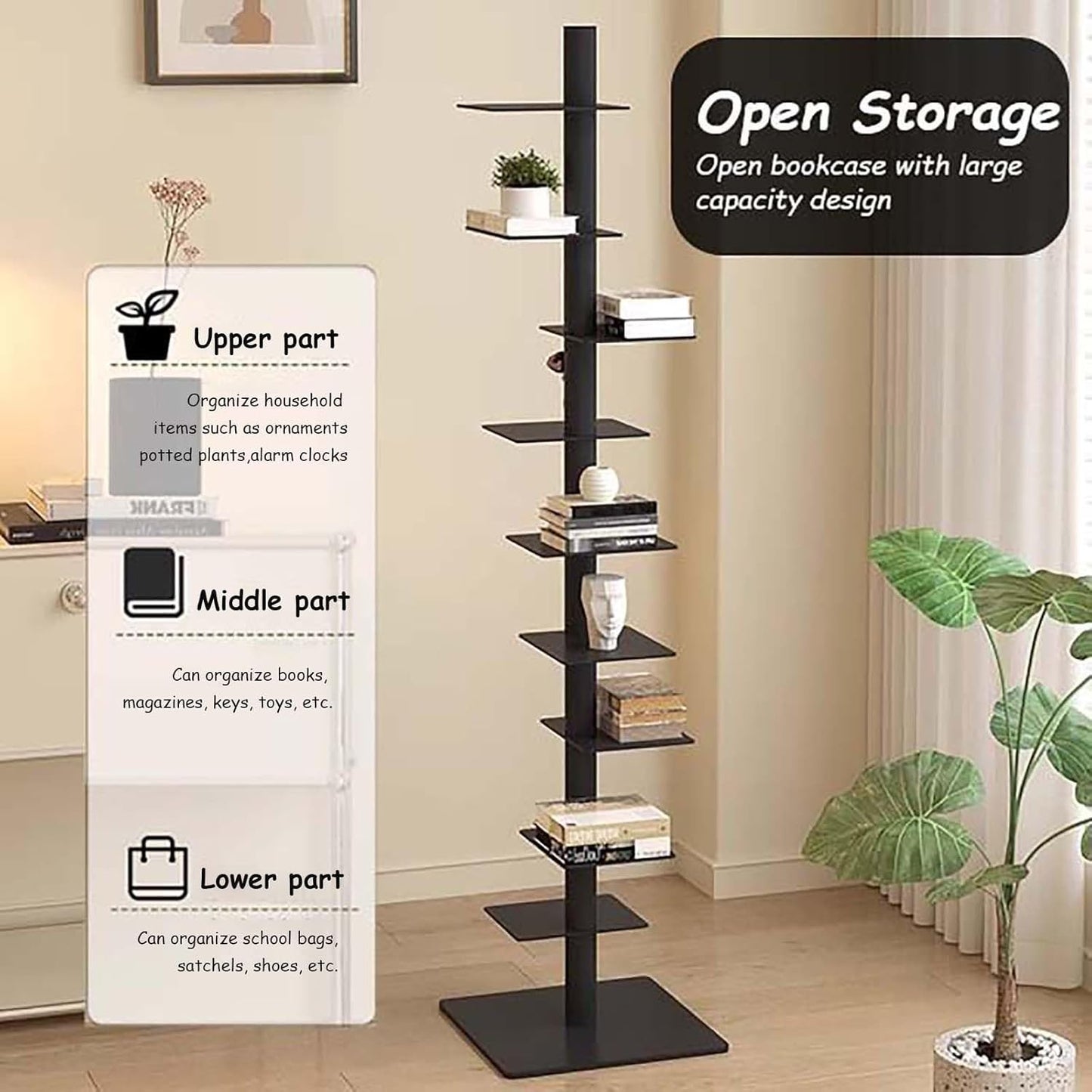 Modern Metal Spine Bookshelf - 9-Tier Spinning Book Tower, Tall Narrow Bookcase, Vertical Floating Shelf, Rotating Display for Small Spaces, Floor Standing Bookcase Storage Solution