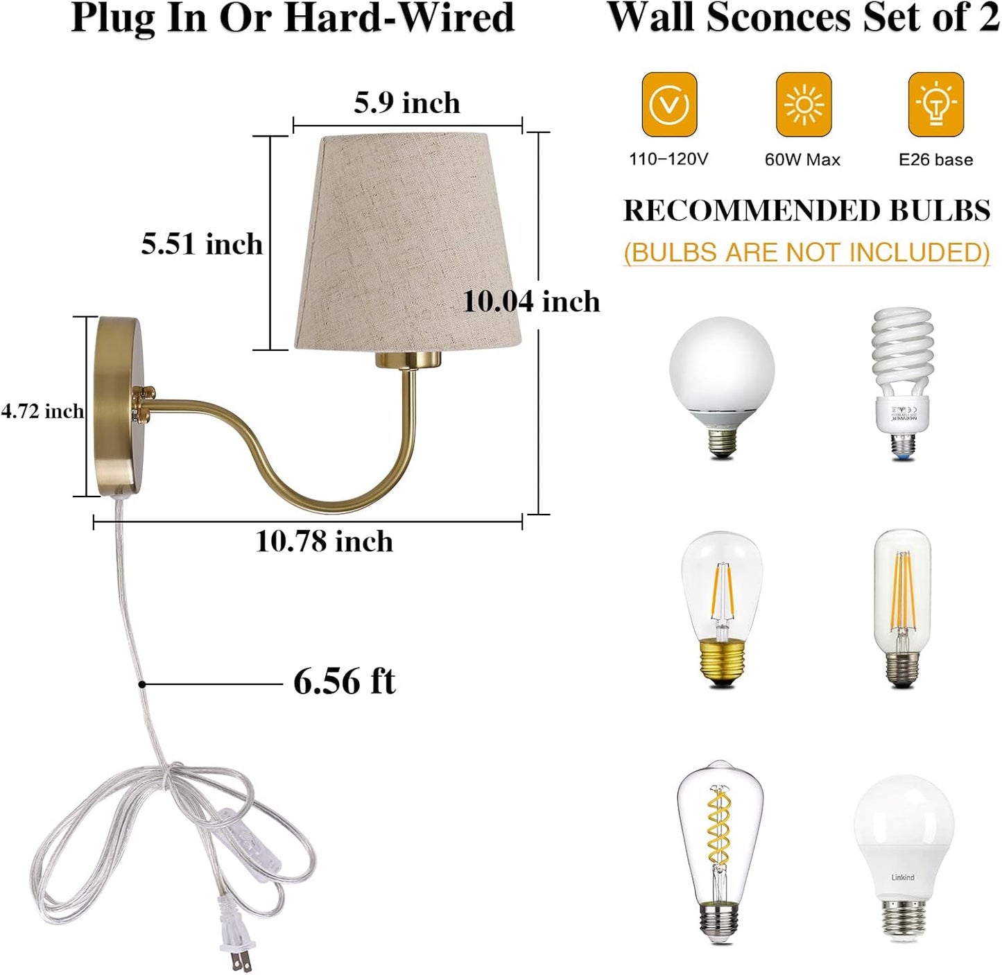 LASENCHOO Plug in Wall Sconces Set of Two, Modern Wall Lamp with Plug in Cord 6.56ft & On/Off Switch with Fabric Lampshade, Gold Sconces Wall Lighting Fixture for Bedroom Bedside Living Room Porch