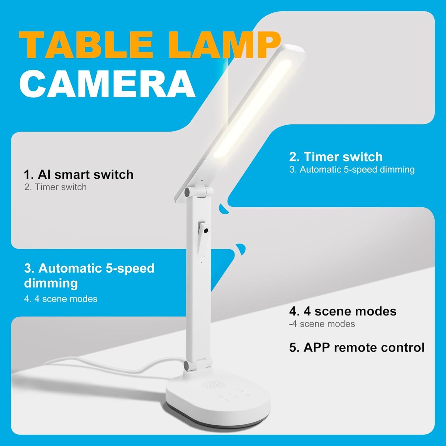 Smart Desk Lamp for Kids with 1080P Security Camera, 2-Way Audio, Desk Lamps for Home Office with Stable Base and 5 Lighting Modes, Table Lamp for Study with security camera for Work, Reading