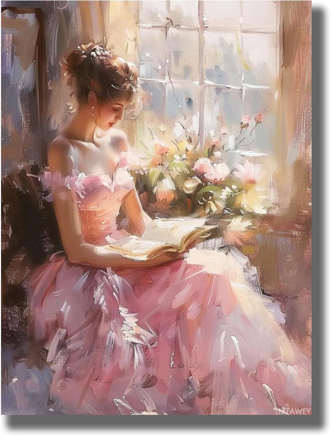 Vintage Pink Dress Woman Portrait Oil Painting Wall Art Retro Reading A Book Posters Famous Antique Female Canvas Prints Wall Decor Aesthetic for Bedroom Gallery Gift Poster Unframed 12x16inch