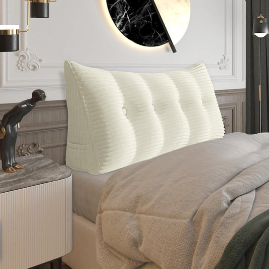 Fully Stuffed Thicken Headboard Pillow Full Padded Headboard Soft and Firm Support Large Bolster Triangular Bed Wedge Pillow Backrest Positioning Bed Rest Reading Pillows for Bed Corduroy White
