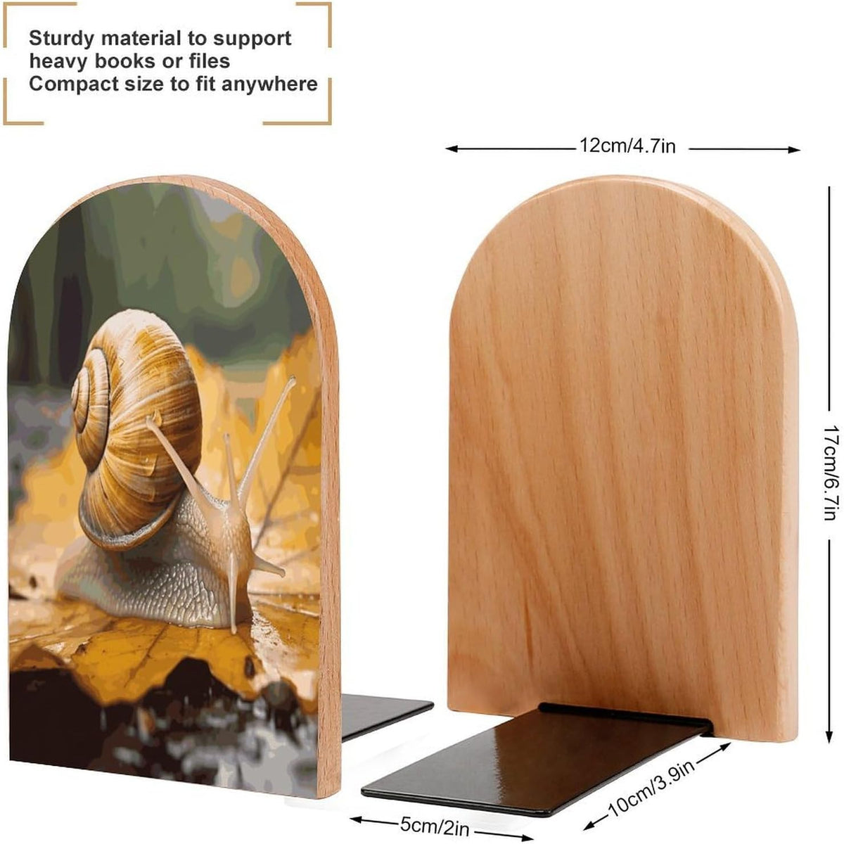 Snail in Leaves Wooden Bookend Non-Slip Book Ends Heavy Duty Book Stopper with Metal Base Books Holderd Decorative Bookends Stands Firmly for Office Supplies