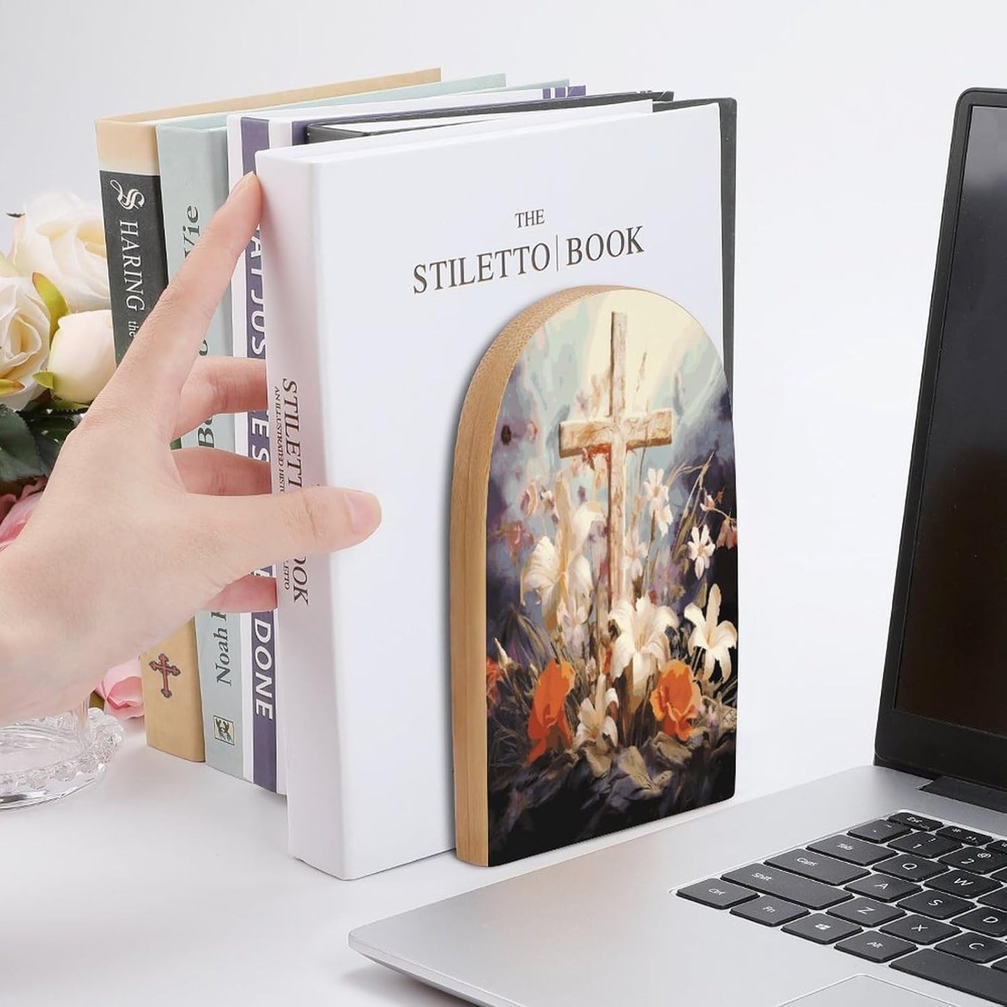 Non-Slip Bookend for Shelves Easter Cross Art Wooden Bookends with Metal Base Decorative Book Stopper for Home Heavy Duty Wood Book Storage for Books/CDs