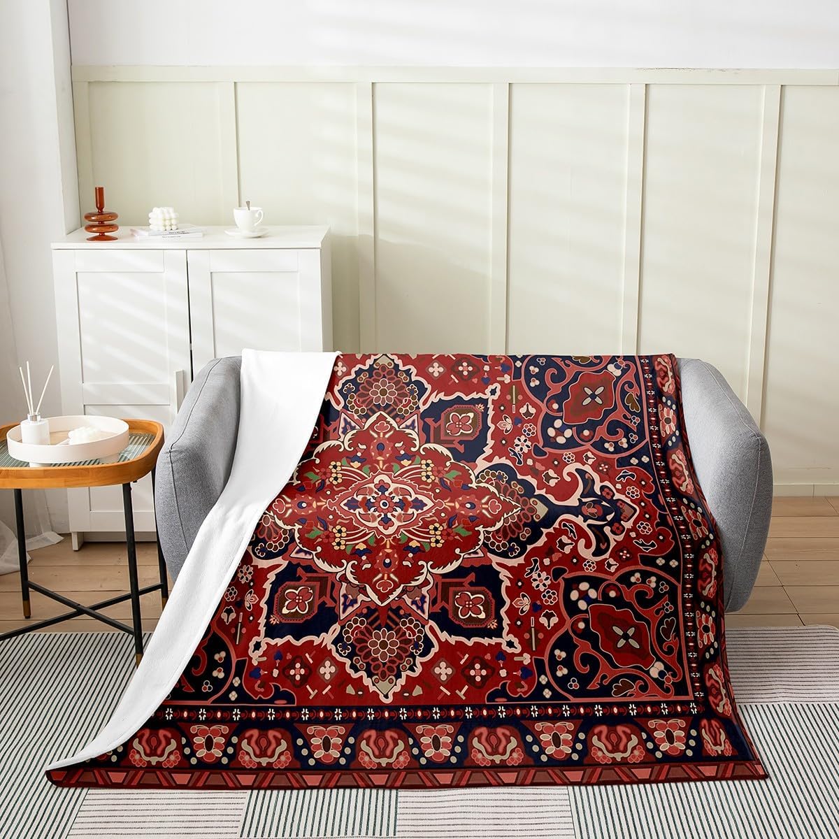 Erosebridal Boho Tribal Blanket Throw 50x60 Inch, Retro Exotic Throw Blanket, Vintage Lattice Bohemian Fuzzy Blanket, Dark Red Antique Grid Damask Inspired Medallion Egyptian Fuzzy Blanket