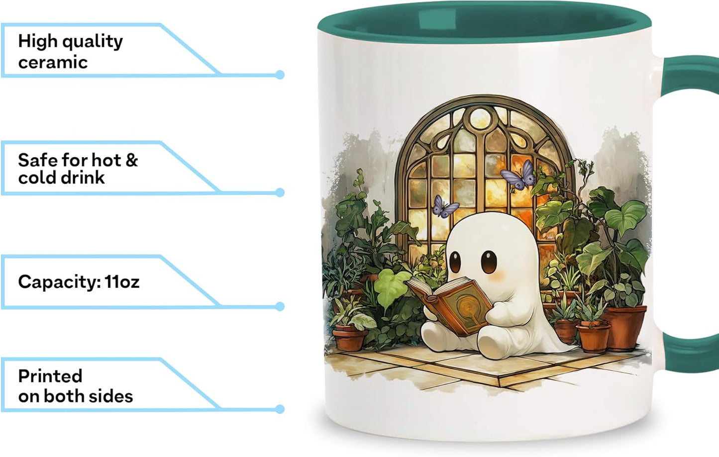 Hyturtle Cute Ghost Reading Coffee Mug with Spoon Gifts For Book Lovers, Plant Lovers On Birthday Christmas, Reading Cup Gifts For Girl Women, Book Club Gift Keepsake 11oz White Green Ceramic Tea Cup