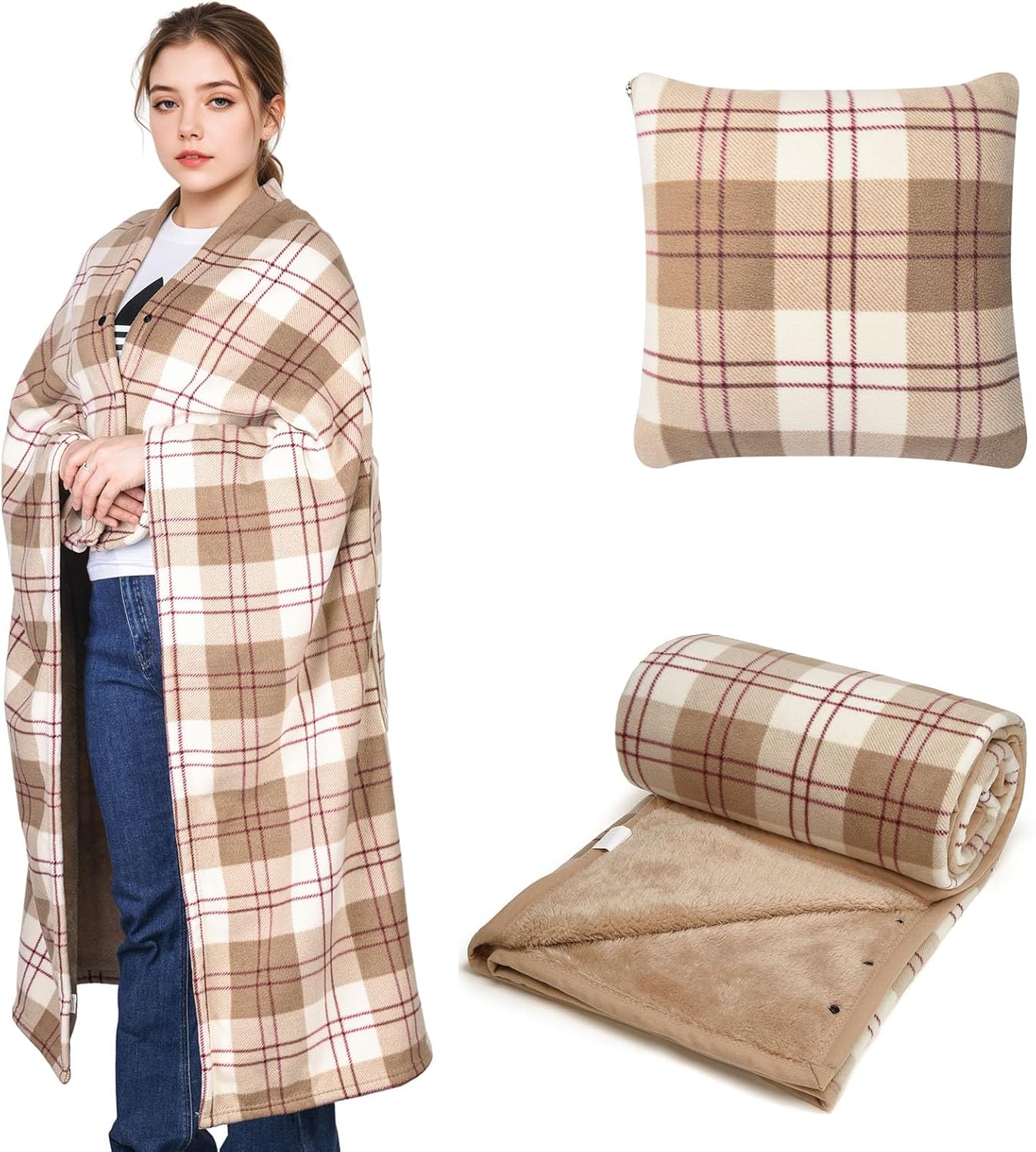 forestfish Wearable Blanket Compact Pillow 2-in-1, Flannel Lap Blanket Poncho with Button Plaid Throw Cushion for Home Office Sofa
