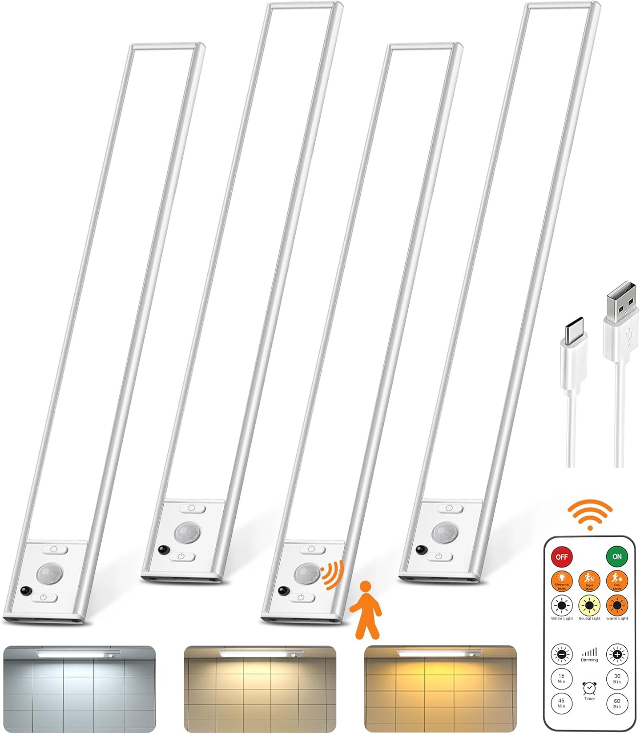 12" Under Cabinet Lights Wireless, Motion Sensor Light Indoor with Remote, LED Rechargeable Closet Light, 3 Color Temps, Dimmable, Magnetic, Under Counter Lights for Kitchen, Stairs, Pantry
