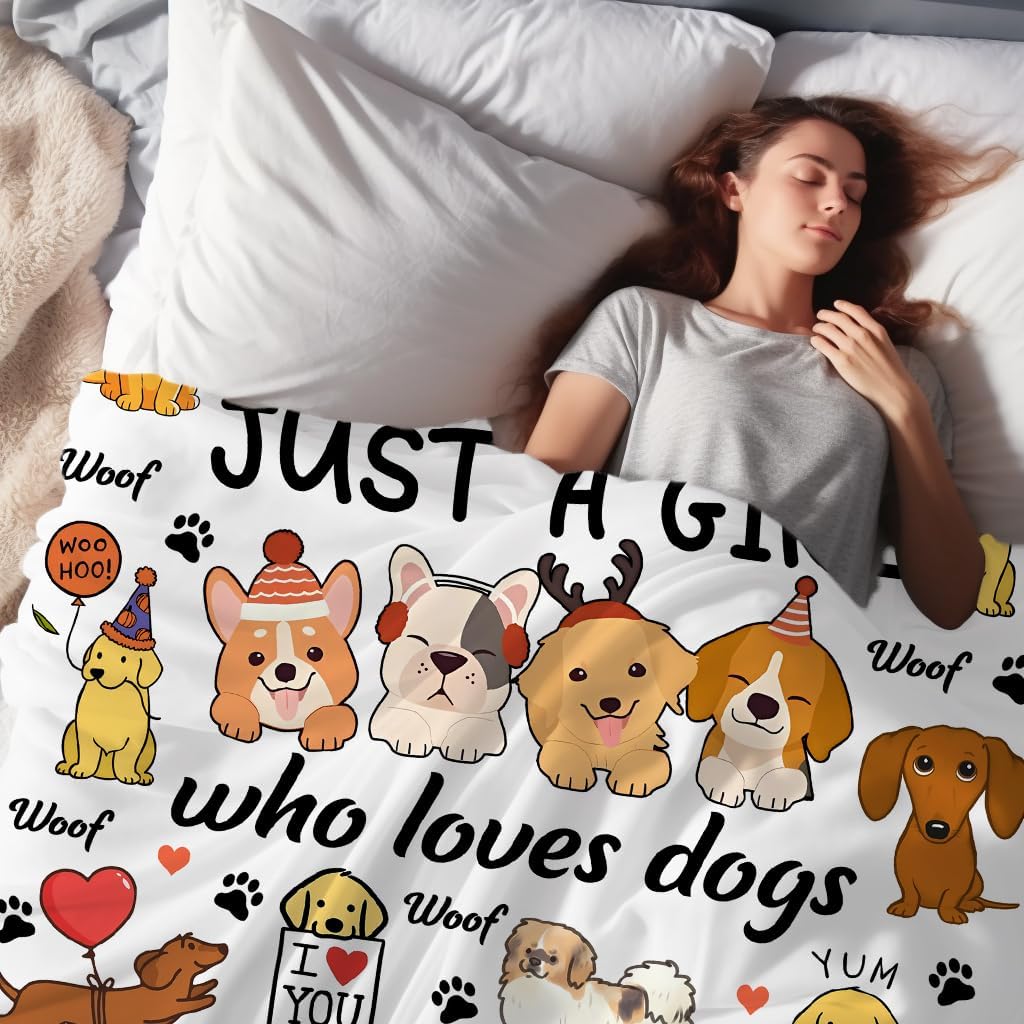 Funny Dogs Puppy Blanket Gifts for Women Just A Girl Who Loves Dogs Soft Cozy Throw Blanket Gifts for Dog Lovers Girls Kids Boys Bedroom Sofa Couch Decor 60"X50"