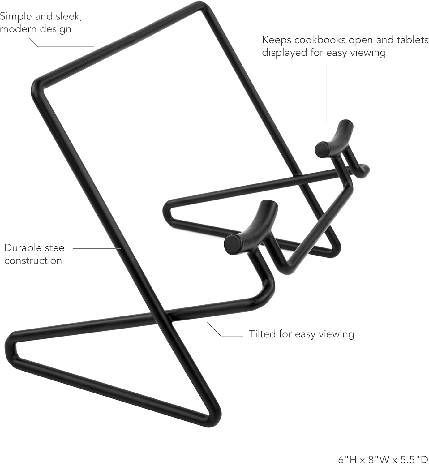 Spectrum Cookbook Stand for Kitchen Counter Tops Modern Recipe Book Holder Black, Angled Elevated Steel Recipe Organizer for Displaying Cook Books and Tablet Recipes in Kitchen Dining Room Storage