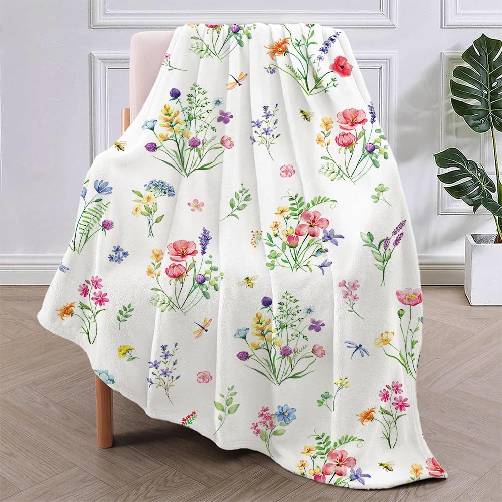 Colorful Wildflowers Throw Blanket Botanical Plant Bed Blanket Watercolor Floral Flower Blankets Soft Flannel Fleece Throw Blanket Boho Cozy Fluffy Plush Blankets 60" X 80"