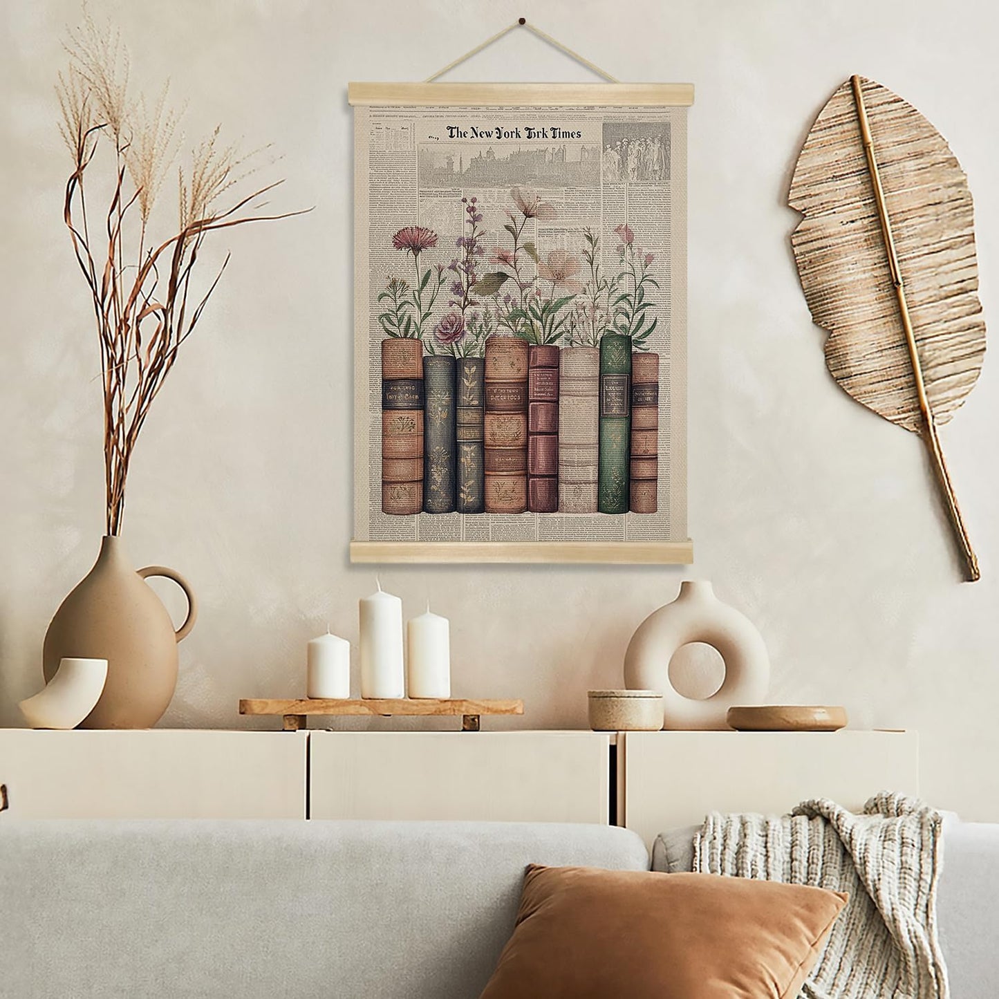 Vintage Book and Newspaper Posters, Retro Floral Wall Art with Wooden Hanger, Reading Corner Decor for Reading Nook, Bookish, Library,Book nook decor 14x18.5inch (BK013)