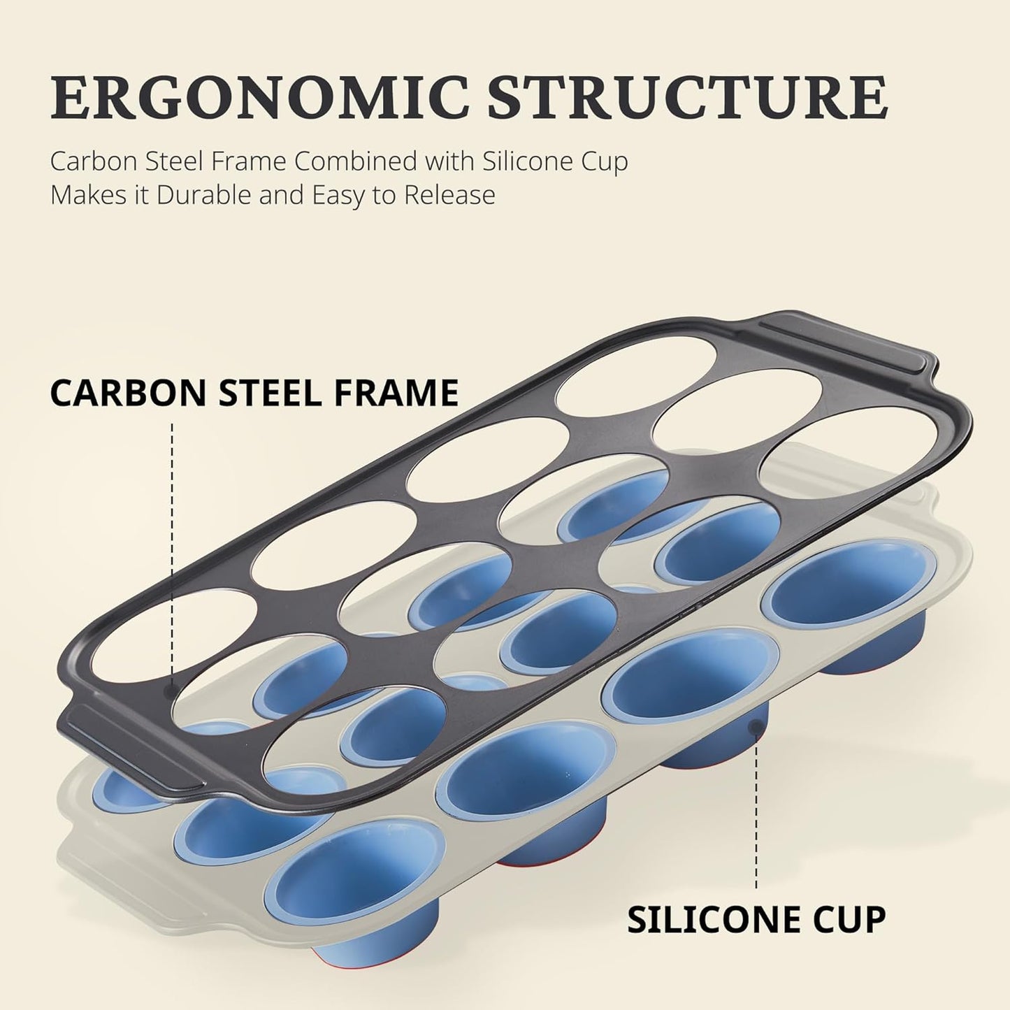 BRONYPRO Silicone Muffin Pans for Baking with Metal Frame, Egg Bite Molds, Cupcake Pans 12 Regular Size, Muffin Tins Easy to Pop Nonstick Non Toxic Bakeware for Oven,Blue