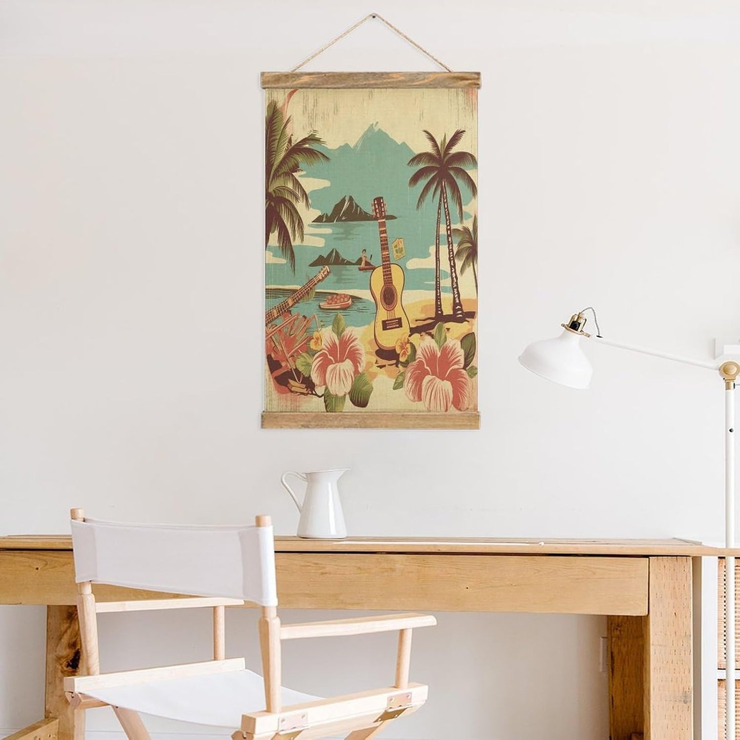 Vintage Vintage Hawaii Poster with Wooden Frame Personalized Linen Hanging Scroll Painting Rustic Wall Hanging Illustrative Modern Artwork Decor for Home Living Room Bedroom Office